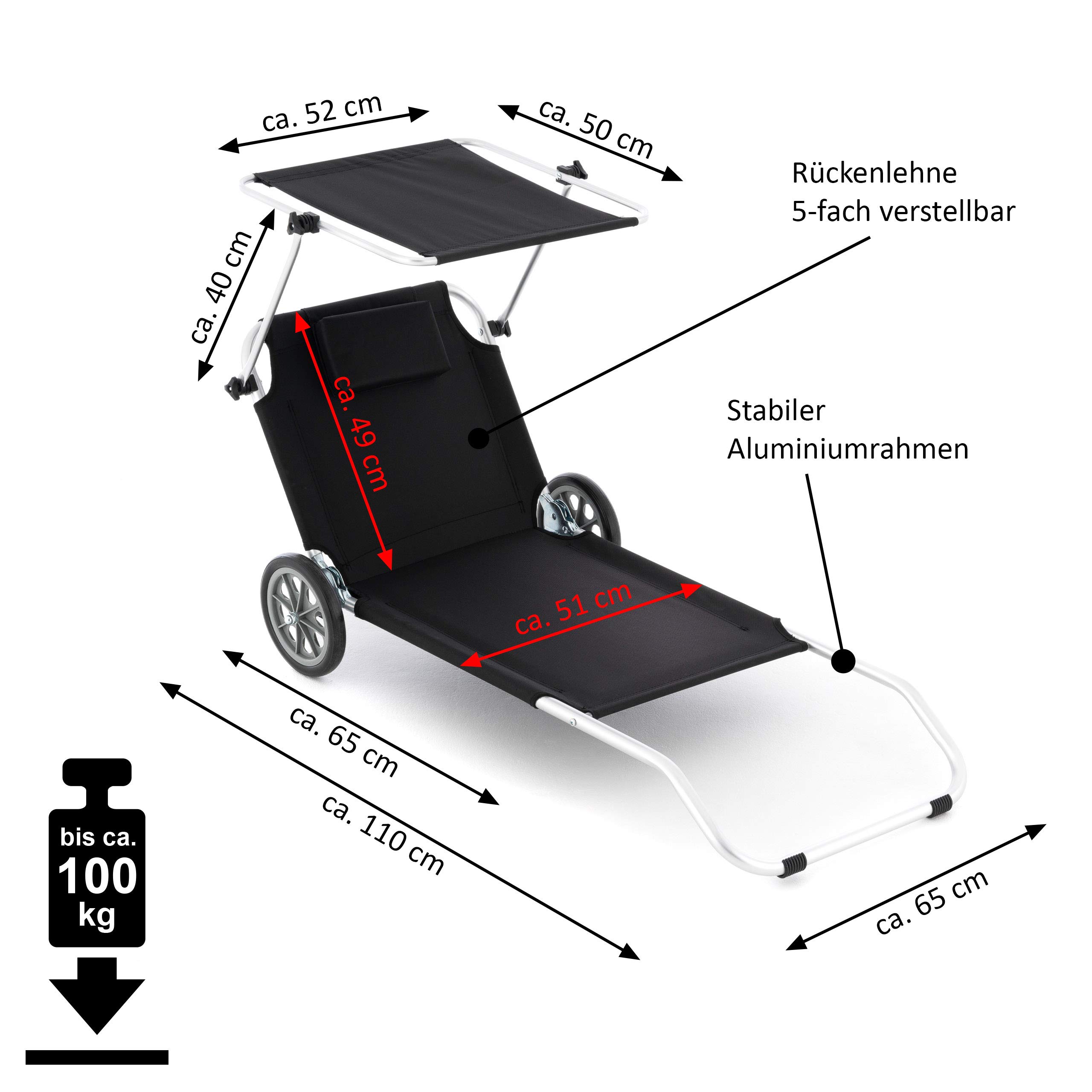 Nexos Trading Gartenliege Sonnenliege Liegestuhl Klappliege Räder und Sonnendach klappbare Liege aus Alu und Polyester Bespannung schwarz Trolleyfunktion