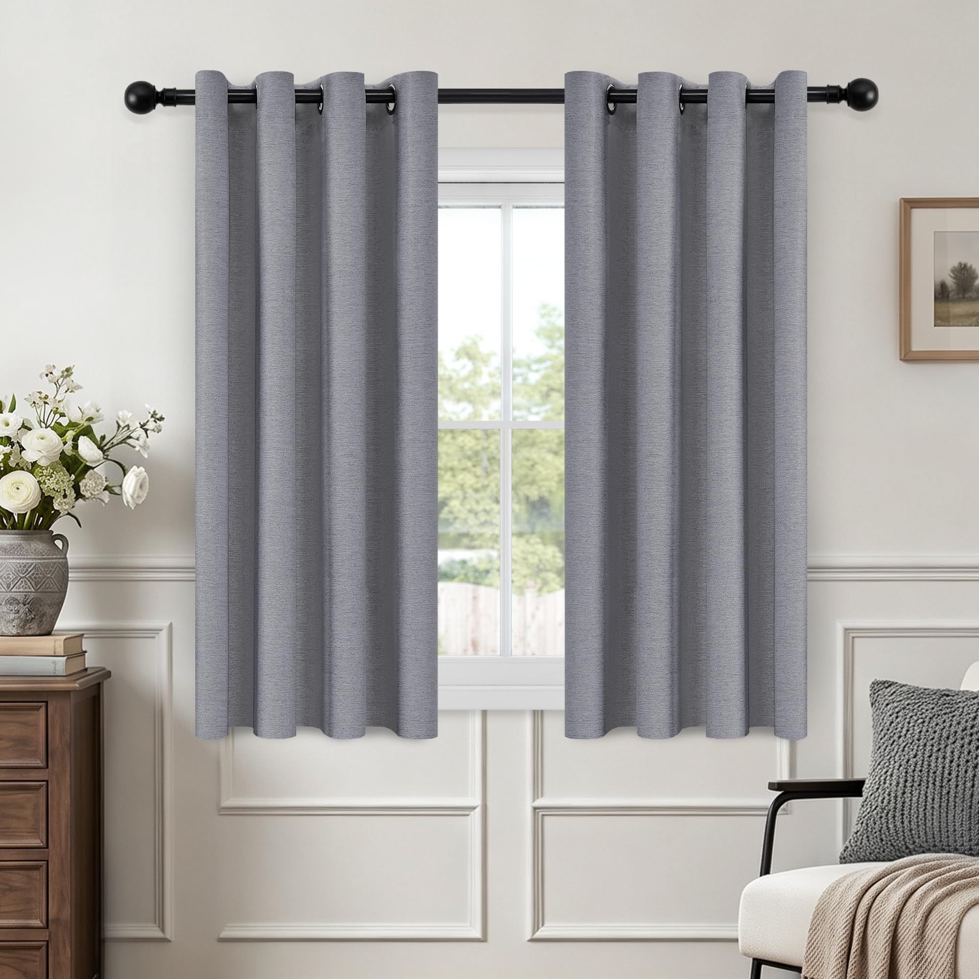Gray Blackout Curtains with Eyelets Thick Linen Thermal Insulated Privacy Curtains for Bedroom Living Room Kitchen Energy Saving Light Blocking Window Treatment Drapes 2 Panels, Grey 52"W x 63"L