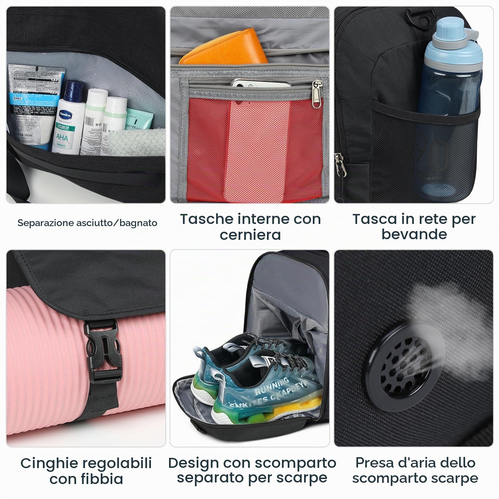 Borsone Palestra Borsa Sportiva con Tasca Bagnata e Scomparto Scarpe Impermeabile Borsone da Viaggio per Uomo Donne Grande Capacità Borsa da Palestra per Sport Viaggi Nuoto,55L