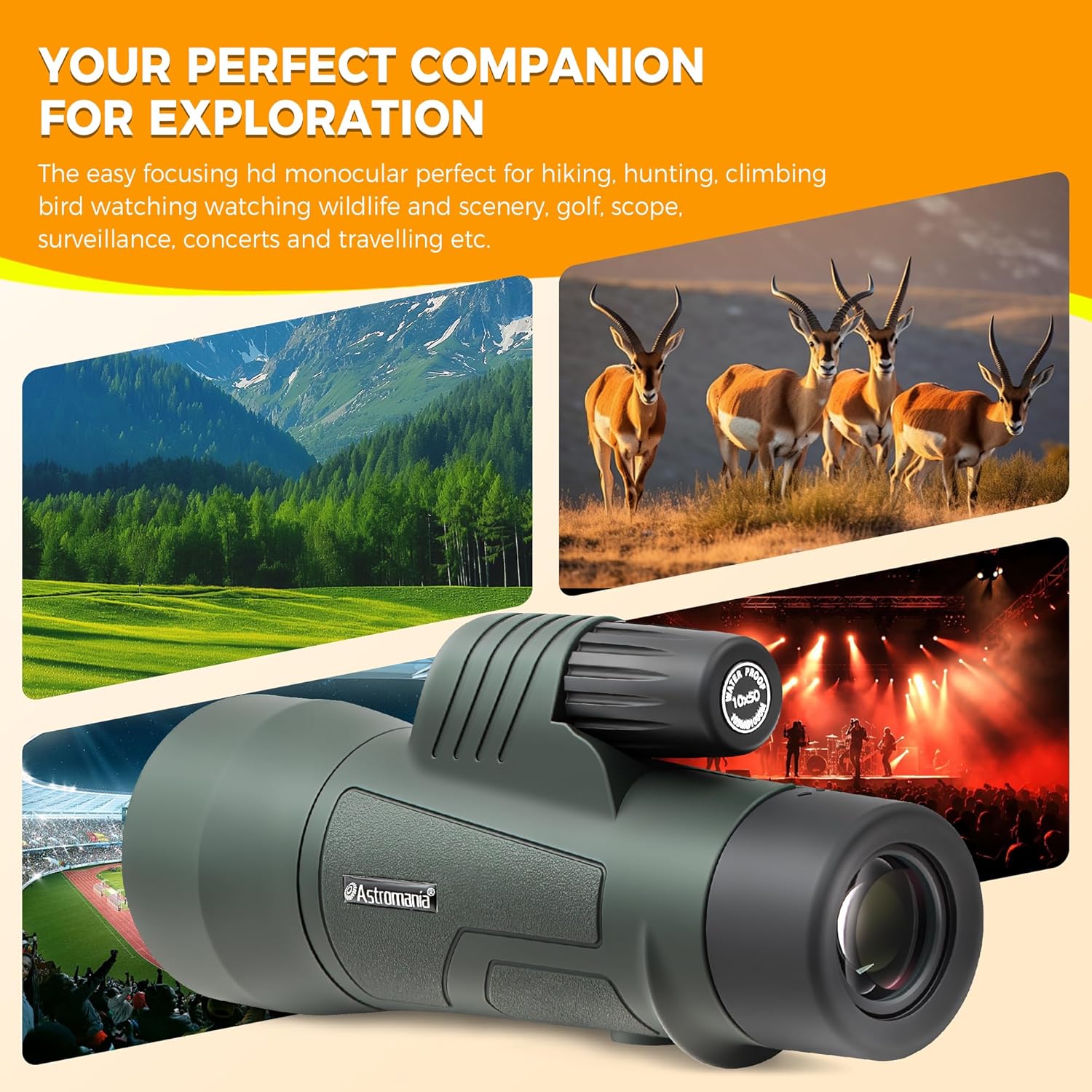 Astromania 10X50 BAK4 High Power Prism Monoculars, Waterproof, Compact Handheld Monoscope for Bird Watching, Sporting Events, Traveling Gifts for Men
