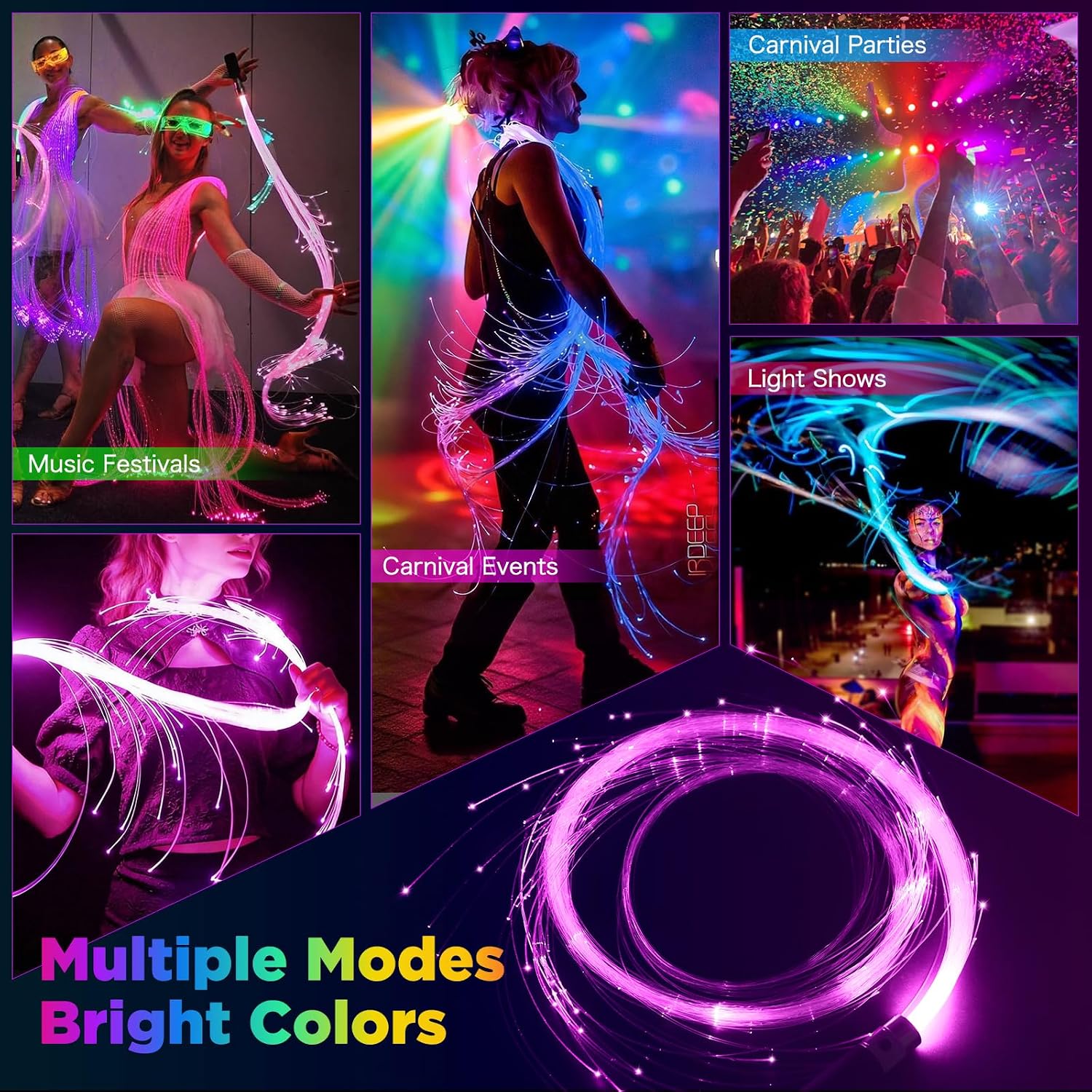 Fiber Optic Whip for Dance, Rechargeable 2000mAh & 50 Color Effect Mode | 360°Swivel Fiber Optic Lights, 6ft LED Whip Lights, PMMA Material, Rave Accessories for Parties/Light Shows/Music Festival