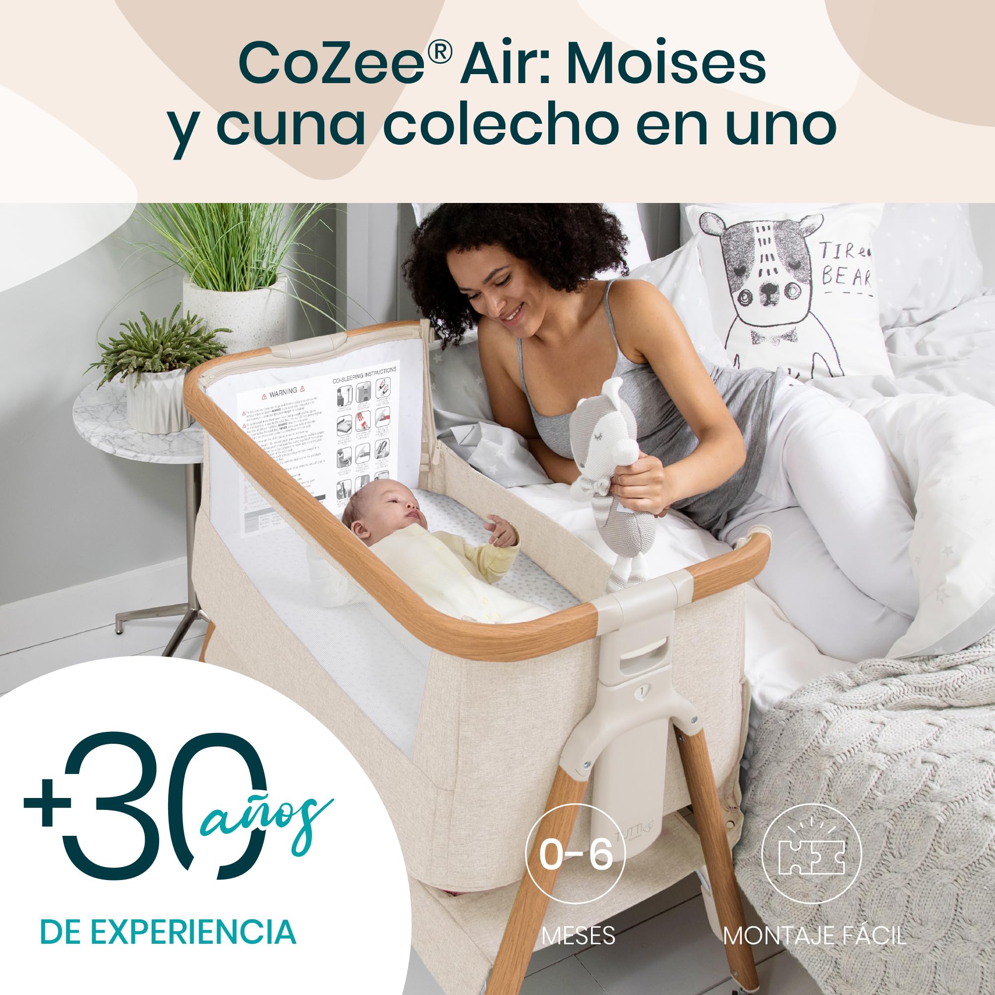Tutti Bambini CoZee® Air Moisés y Cuna Colecho Bebé - Cama Colecho Bebé - Plegado Rápido - Bolsa de Transporte - Colchón Deluxe Transpirable con 6 Alturas - 0-6 Meses (Nogal y Crudo)