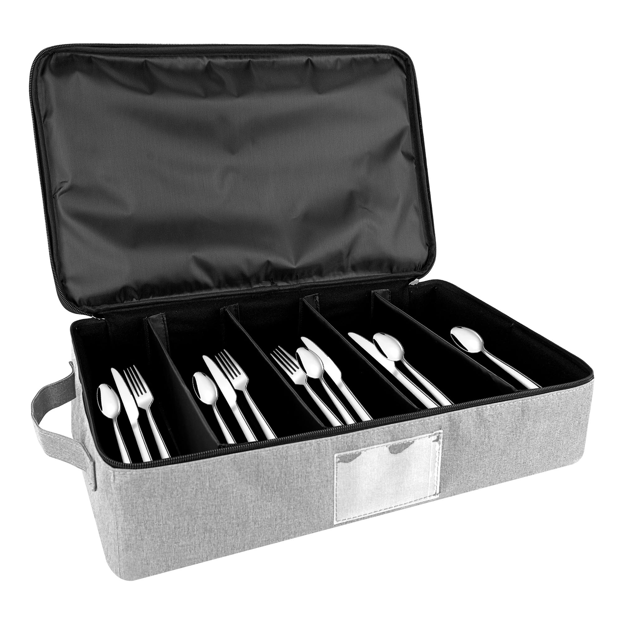 Kingshion Flatware Storage Case-5 Compartment Silverware Storage Container Box with Removable Lid and Easy to Carry Handles,Cutlery Storage Holder with Zipper Lid for Organizing Cutlery - Light Gray