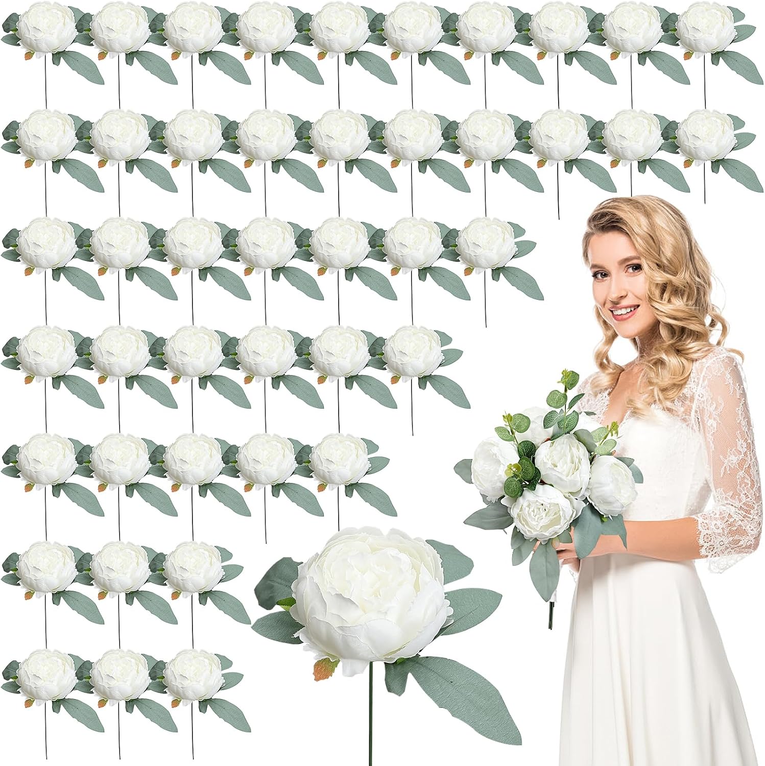 50Pcs Artificial Peonies Flowers Bulk, 4’’ White Peonies Fake Flowers Heads for Table, Faux Silk Peony Arrangements for Wedding, Valentine, Engagement, Office, Coffee, Dining Decorations