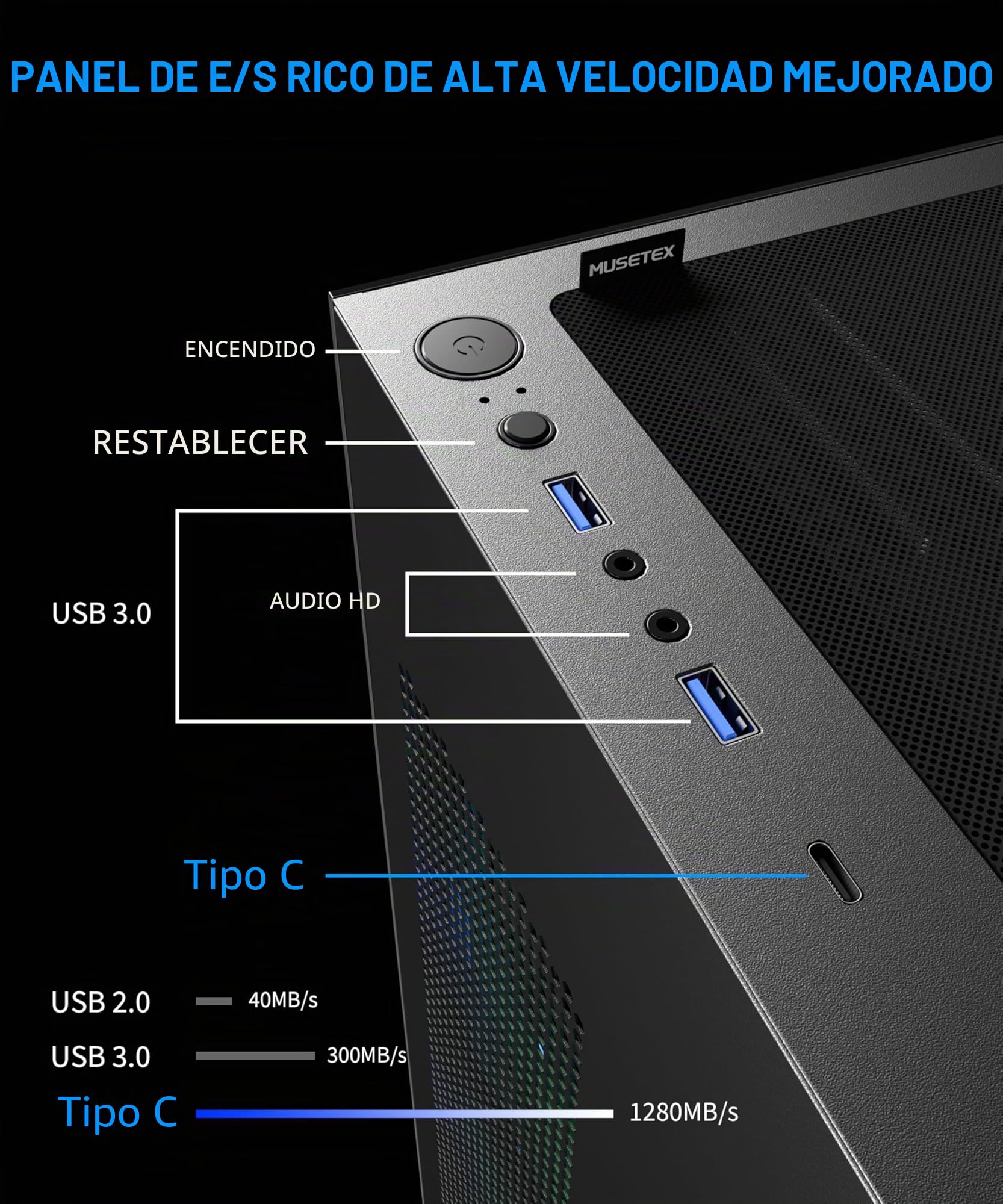 MUSETEX Caja PC ATX Mid Tower con 7 Ventiladores PWM ARGB Pre-Instalados, Doble Cristal Templado Full View, Gaming PC Case, Negro