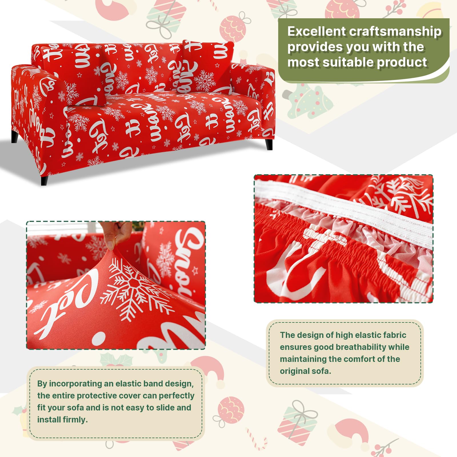 Lydevo Copridivano Elasticizzato Natale 3 Posti Fodere Copri Divano con Braccioli con 2 Copricuscini Moderno Copridivano Fantasia Universale Lavabile Divano Protector,Fiocchi Neve