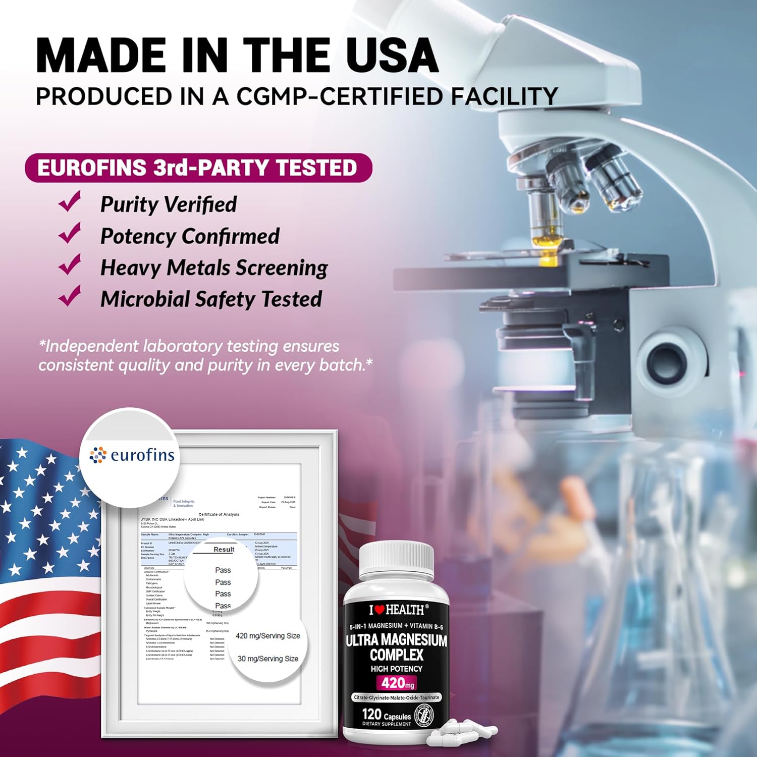 Magnesium Glycinate Complex 420mg with Vitamin B6 – High Absorption Magnesium for Sleep, Muscle & Nerve Support – Made in USA | Eurofins 3rd-Party Tested – Vegan, Non-GMO – 120 Capsules - Image 2