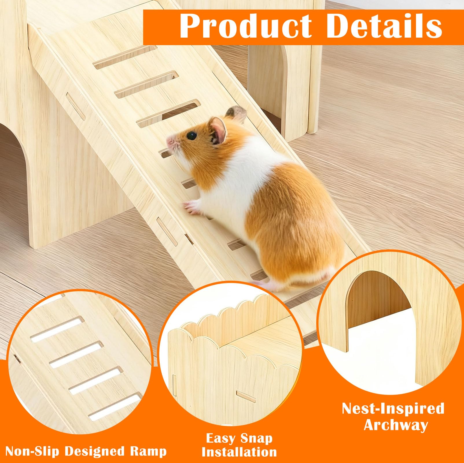 Cabane Cochon d'Inde Bois Massif 4 Entrées avec Rampe Détachable, 38x25x18cm Maison en Bois Naturelle Petits Animaux de Compagnie, Accessoires Jouets pour Hamsters, Nains, Chinchilla, Lapins