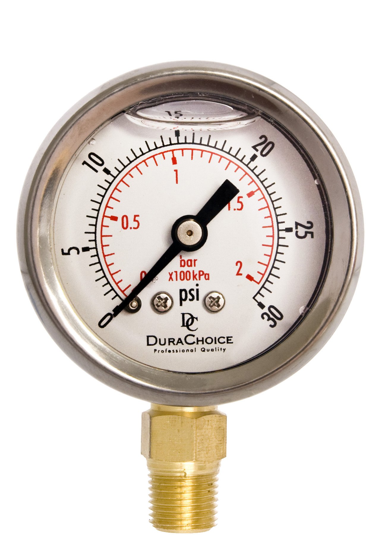 1-1/2" Oil Filled Pressure Gauge - Stainless Steel Case, Brass, 1/8" NPT, Lower Mount Connection, 0-30PSI