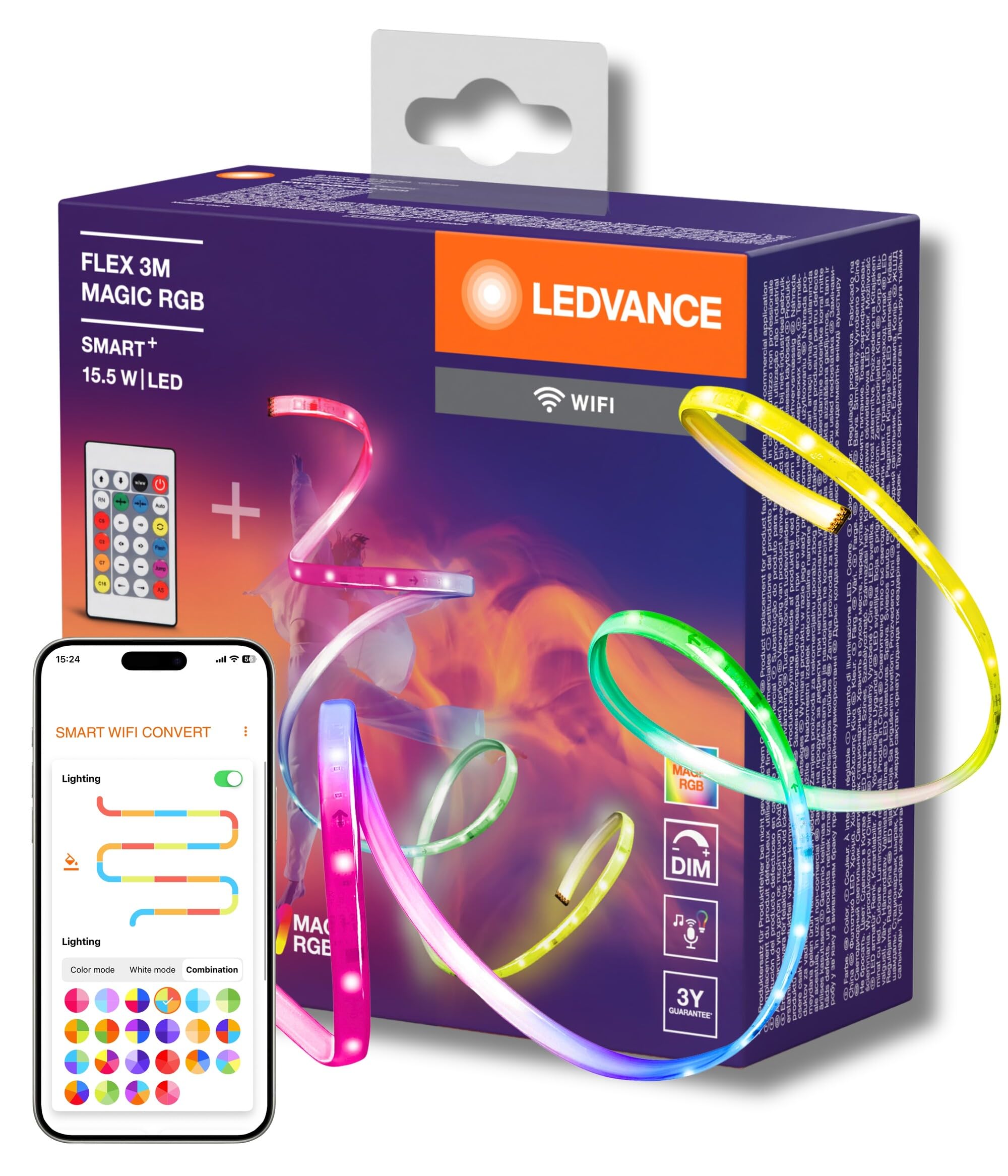 LEDVANCE Smart+ WiFi Flex 3M LED Strips, bianco, 15W, 350lm, dim, Effetto di luce Magic-RGB dinamico, selezione di colori della luce individuale, trollo app, durata lunga, montaggio semplice, IP20