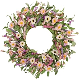 24 Inch Spring Summer Wreath for Front Door, Artificial Daisy & Lavender Flower Wreath with Eucalyptus Greenery, Colorful Floral Door Wreath for Wall Window Farmhouse Home Decor