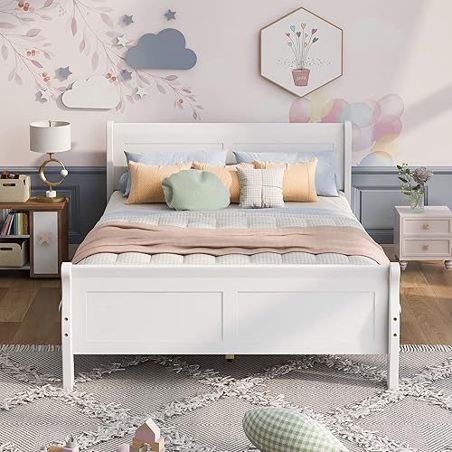 SOFTSEA Marco de cama de madera blanca con plataforma Queen con cabecero y estribo, soporte de listones de madera, no necesita somier (blanco, Queen)