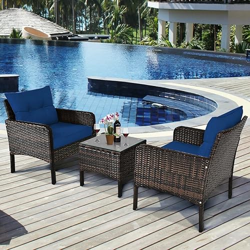 Miniatura 4 de SDGH 3 PCS Outdoor Rattan Conversation Set Patio Garden Cushioned Sofa Chair Coffee Table (Color  E)