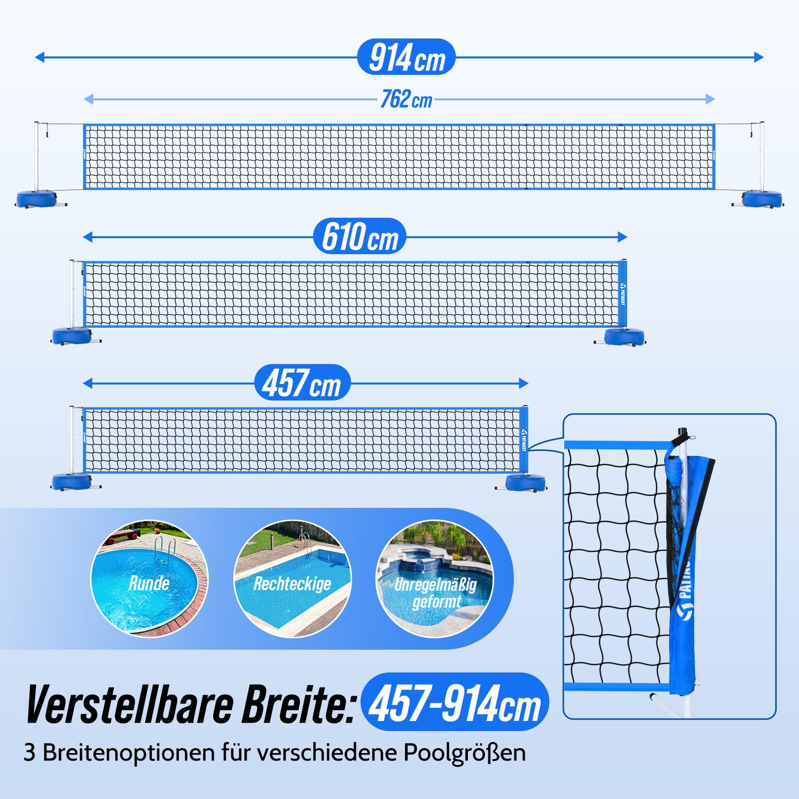 Pool Volleyball-Set, Tragbarer Volleyballnetz Verstellbar 4,5-9,1m mit Volleyball, Stabilem-Stangen Anti-Rost Beschichtung, 27L Wasserbeutel