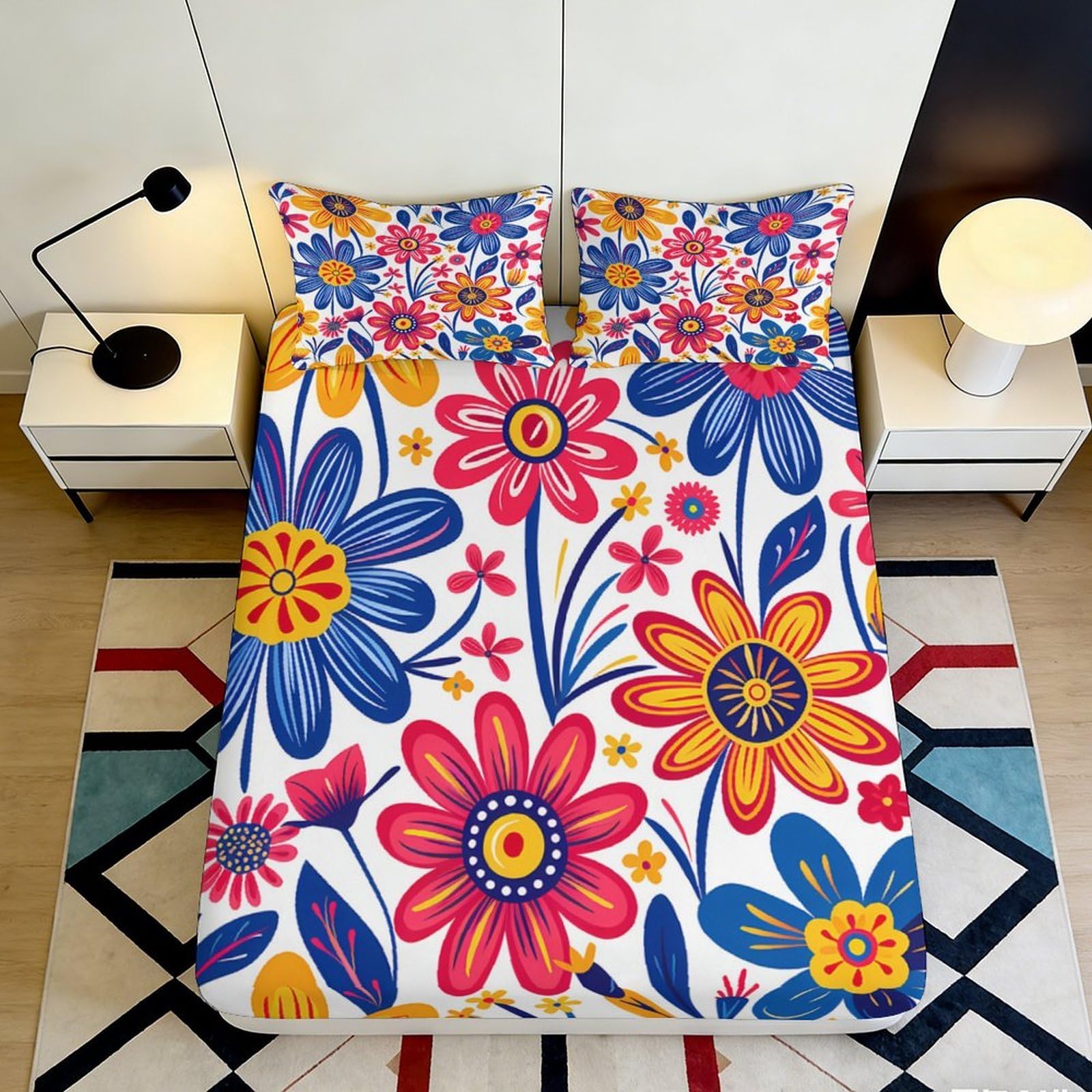 3D Printed Colorful Floral Fitted Sheet Microfiber Soft Breathable Abstract Blossom Mattress Cover for Bedroom Dorm Décor 90x200x25cm