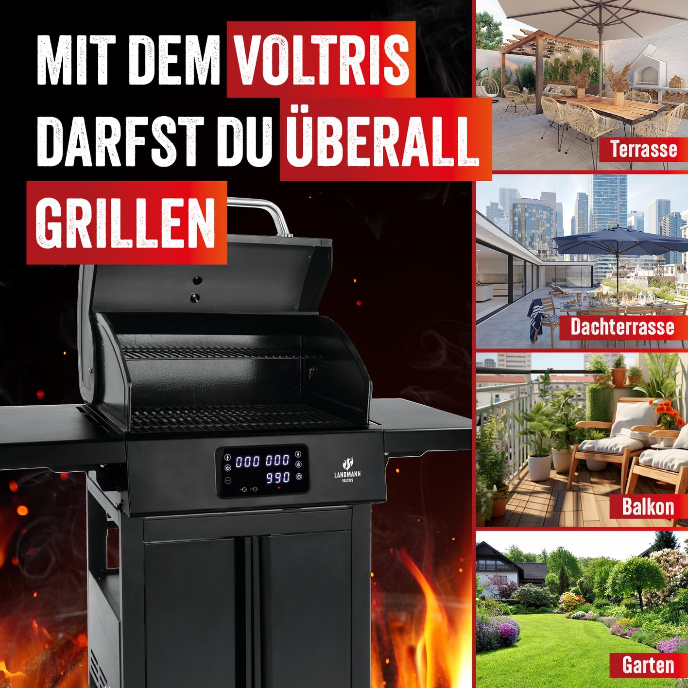 LANDMANN Elektro-Grillwagen EG-II-591 | Leistungsstarker Standgrill mit 2 Fleischthermometern & Deckelthermometer | Ohne Gas & ohne Kohle grillen | Grillfläche ca. 59 x 40,5 cm | 3200W [Schwarz]