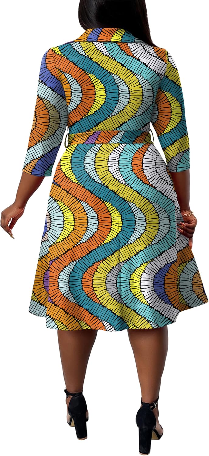 FANDEE Plus Size Midi Dress for Women - Printing Summer Dresses for Wedding Guest Cocktail Party 3/4 Sleeve V Neck(L-5XL) - Image 3