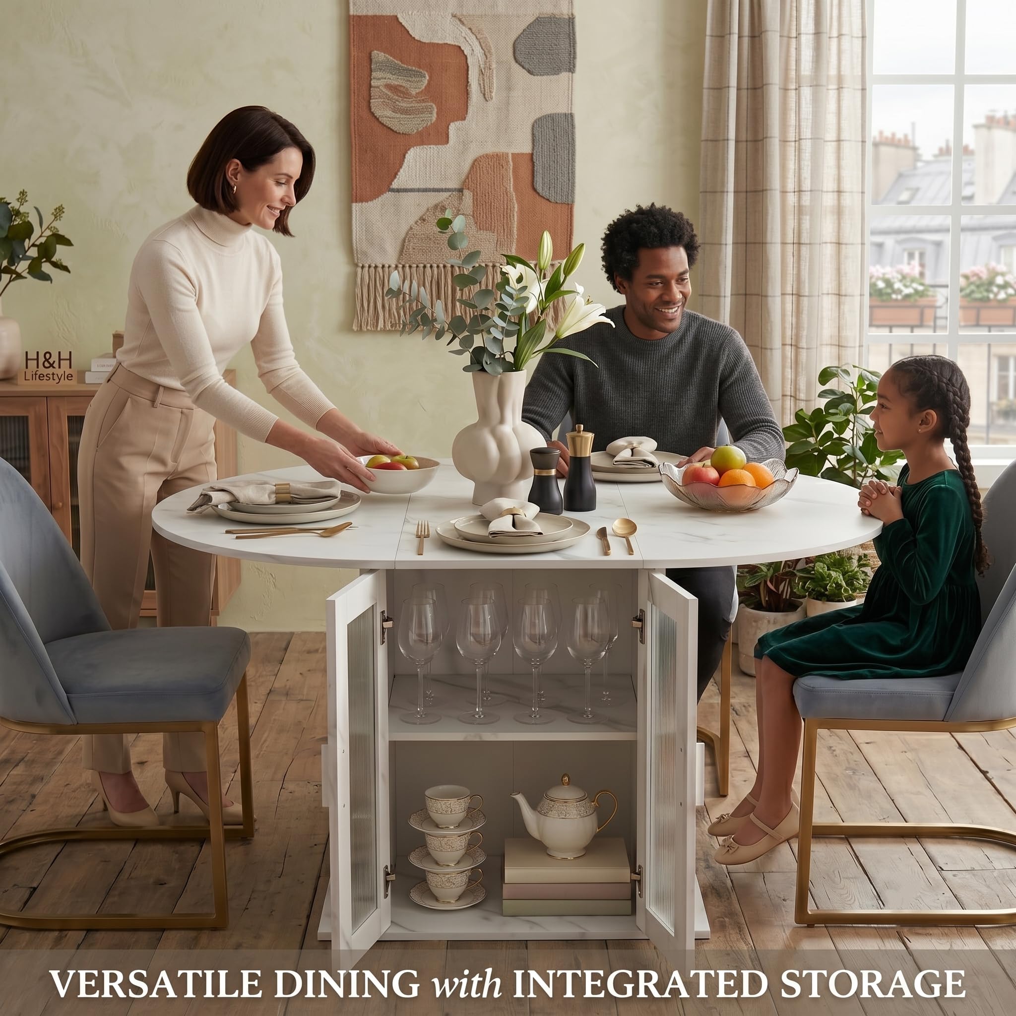 1 mesa de comedor extensible con almacenamiento para frigorífico, mesa de comedor redonda y ovalada para 4 – 6 personas, estable y ahorra espacio, para cocina, comedor y sala de estar (blanco, 100-140