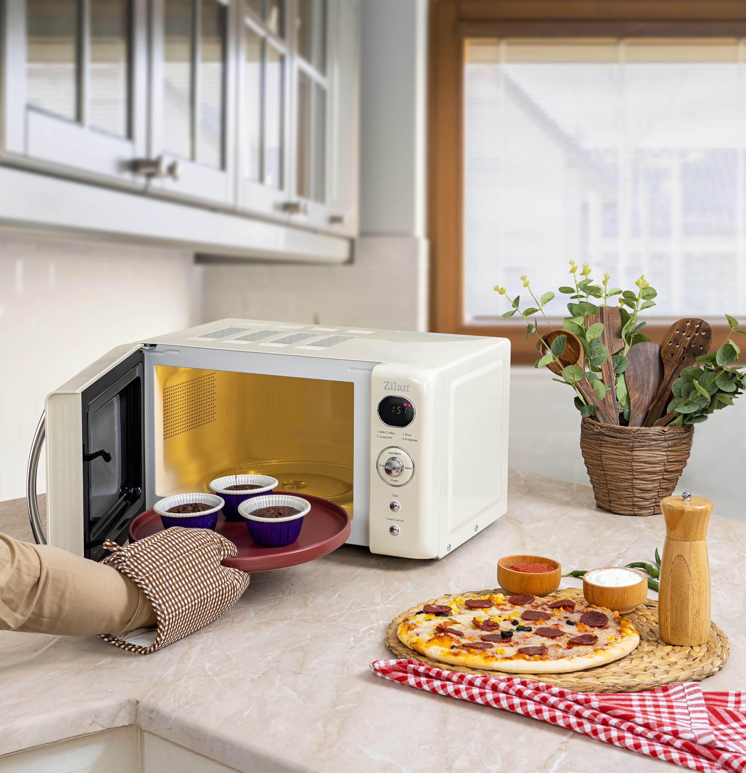 Microonde da 20 l, design retrò, vintage, 6 livelli, con funzione di scongelamento fino a 95 minuti, 4 programmi automatici, illuminazione interna, manico cromato Microwave