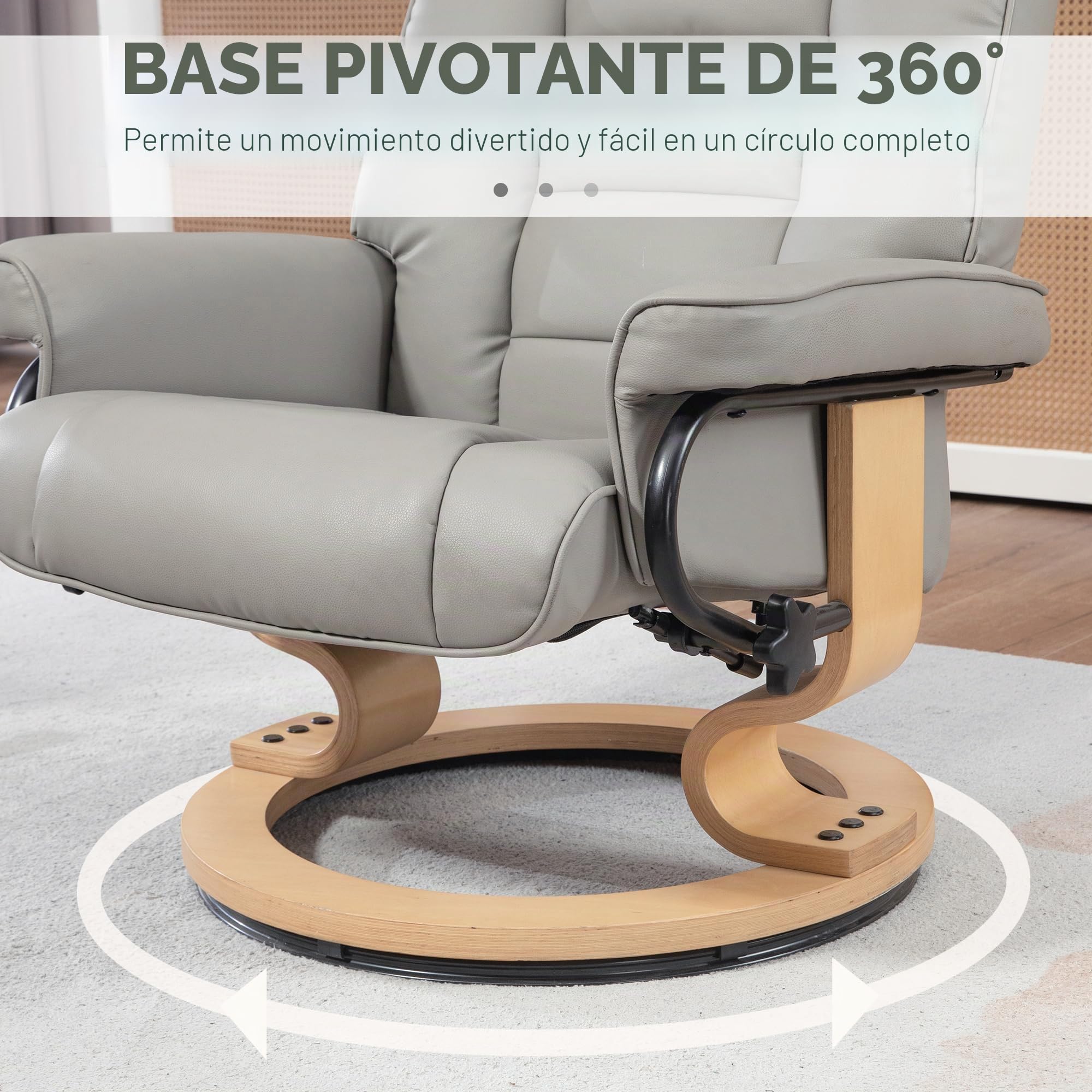 HOMCOM Sillón reclinable con otomana 360° Giratorio, Gris | Respaldo alto, estructura de madera, sillón de TV, reclinable, cuero sintético, para salón