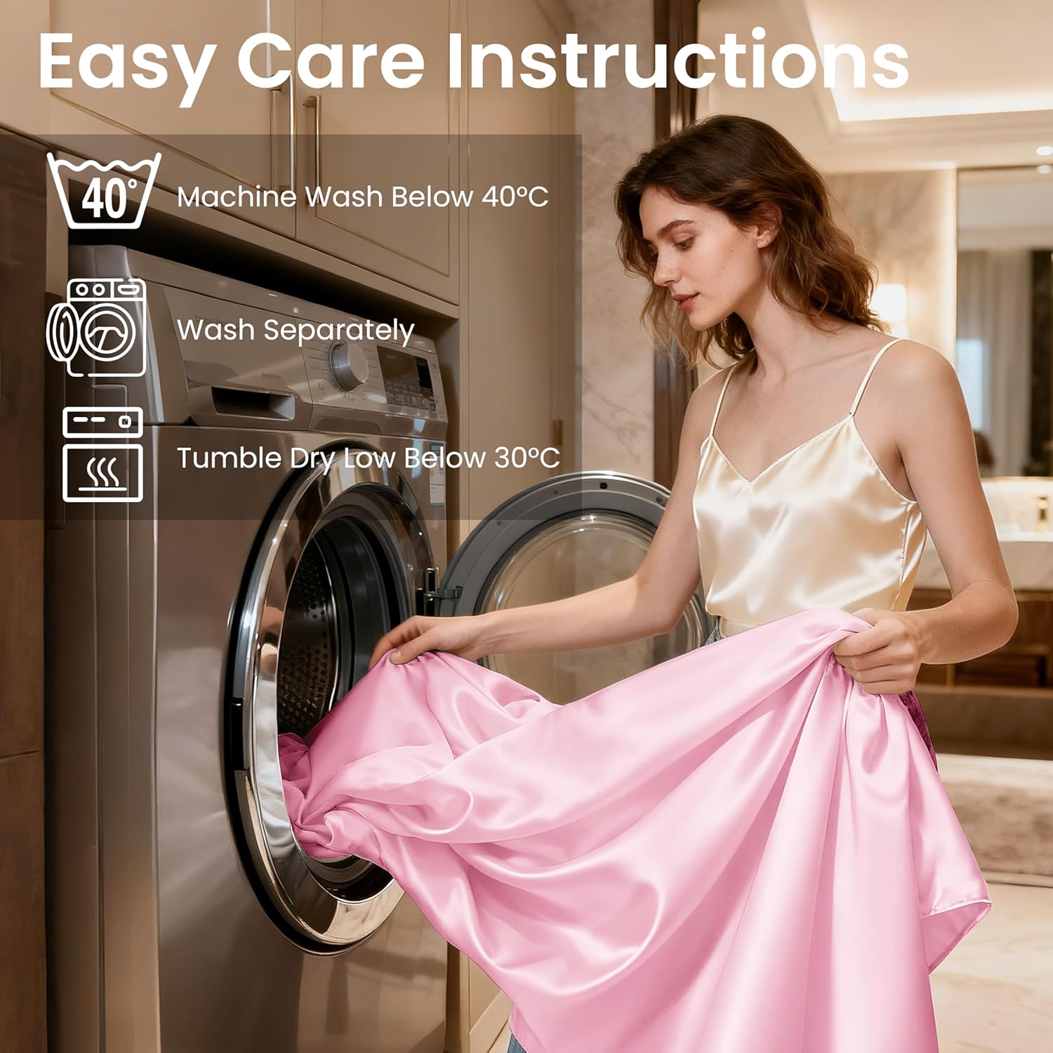 Love's cabin Satin Queen Sheets Set - 4 Piece Pink Silky Bed Sheets Set with Deep Pocket, Luxury Silk Feel Satin Queen Size Sheet Set (1 Flat Sheet, 1 Fitted Sheet, 2 Pillow Cases) - Image 6