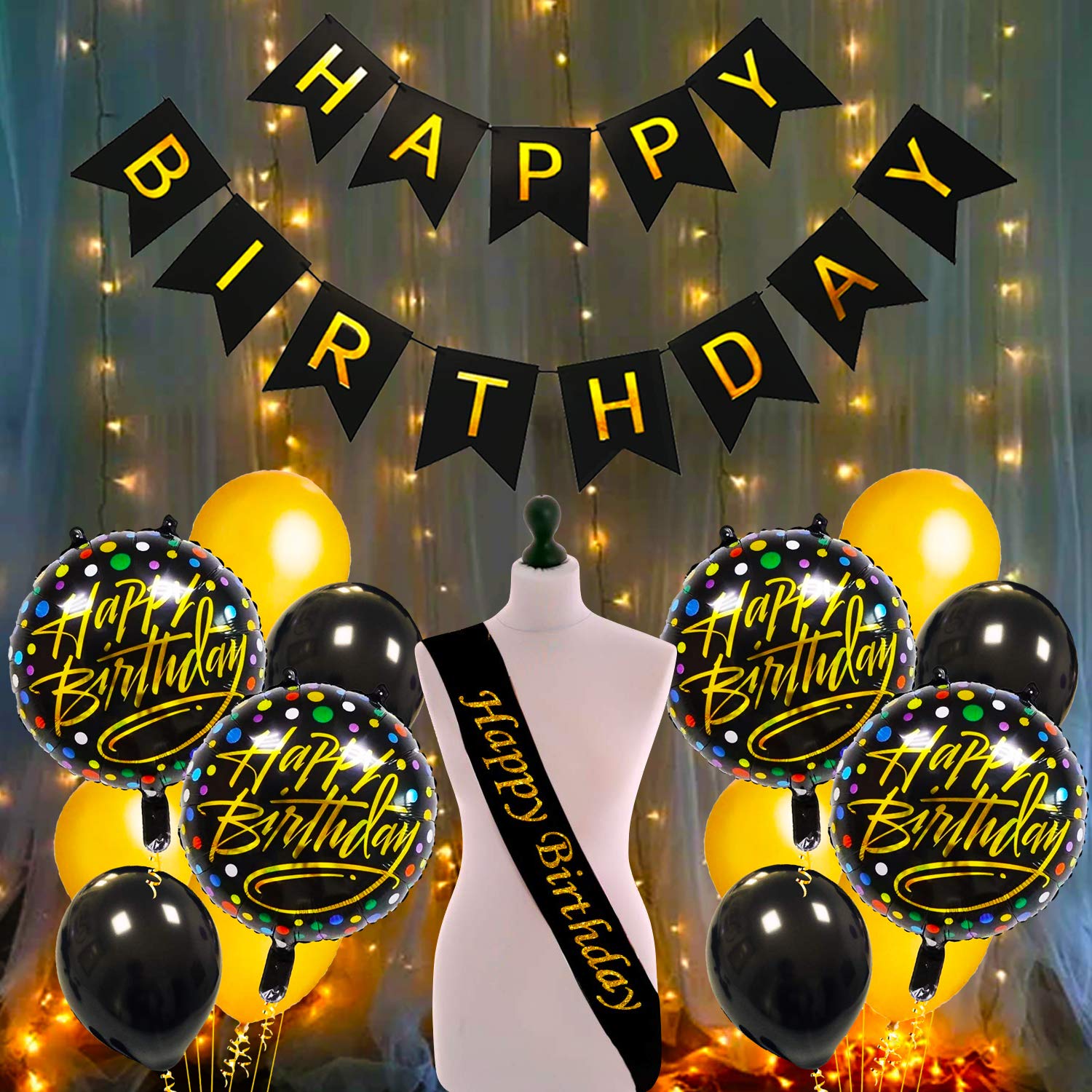 Party PropzHappy Birthday Decorations for Women -17Pcs Black and Gold Balloons for Birthday Party Decorations | Black Happy Birthday Banner | Happy Birthday Sash | Black and Gold Birthday Decorations