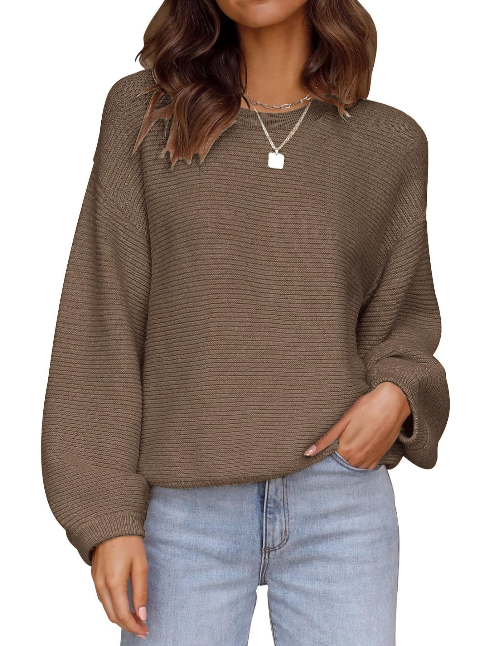 Zeagoo Pullover Damen Fledermausärmel Strickpullover Rundhals Pulli Gestrickte Sweater Bequem Oberteile Herbst Winter S-XXL