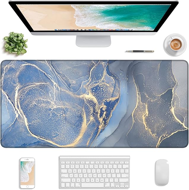 Atufsuat Extended Gaming Mouse Pad, XXL Large Desk Pad 30 x 14 Inch, Big Computer Keyboard Mousepad, Waterproof Mouse Mat with Stitched Edges and Non-Slip Base for Office Gaming, Dark Blue Marble