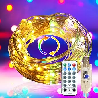 33Ft 100 LED USB Fairy Lights, Multicolor & Warm White Color Changing Fairy Lights with Remote and Timer, 11 Modes, Waterproof Silver Wire for Bedroom, Party, Wedding, Christmas