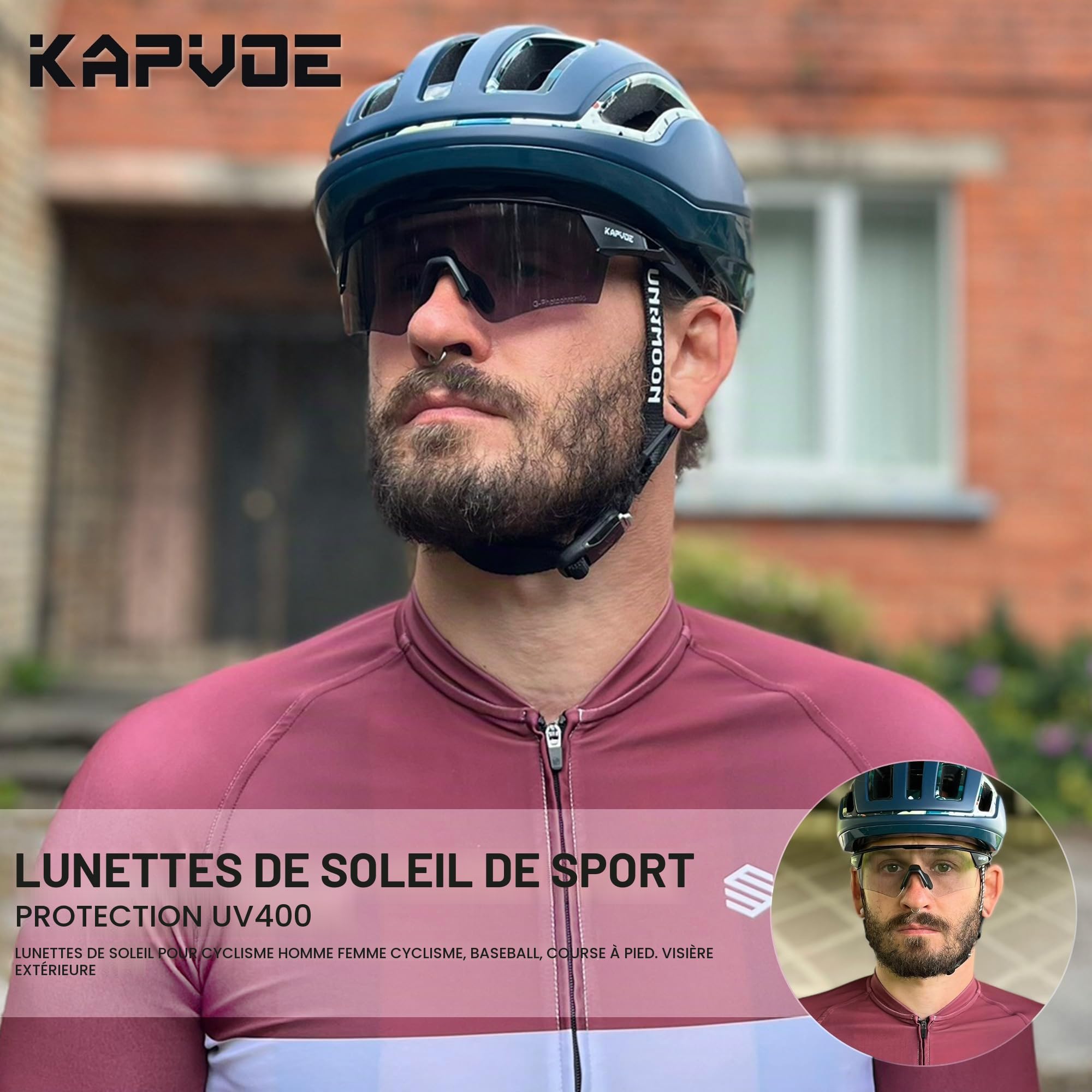 KAPVOE Lunettes de Cyclisme Photochromiques UV400 TR90 Homme Femme K198 | Transition photochromique, UV400, semi-cerclé, branches à âme métallique