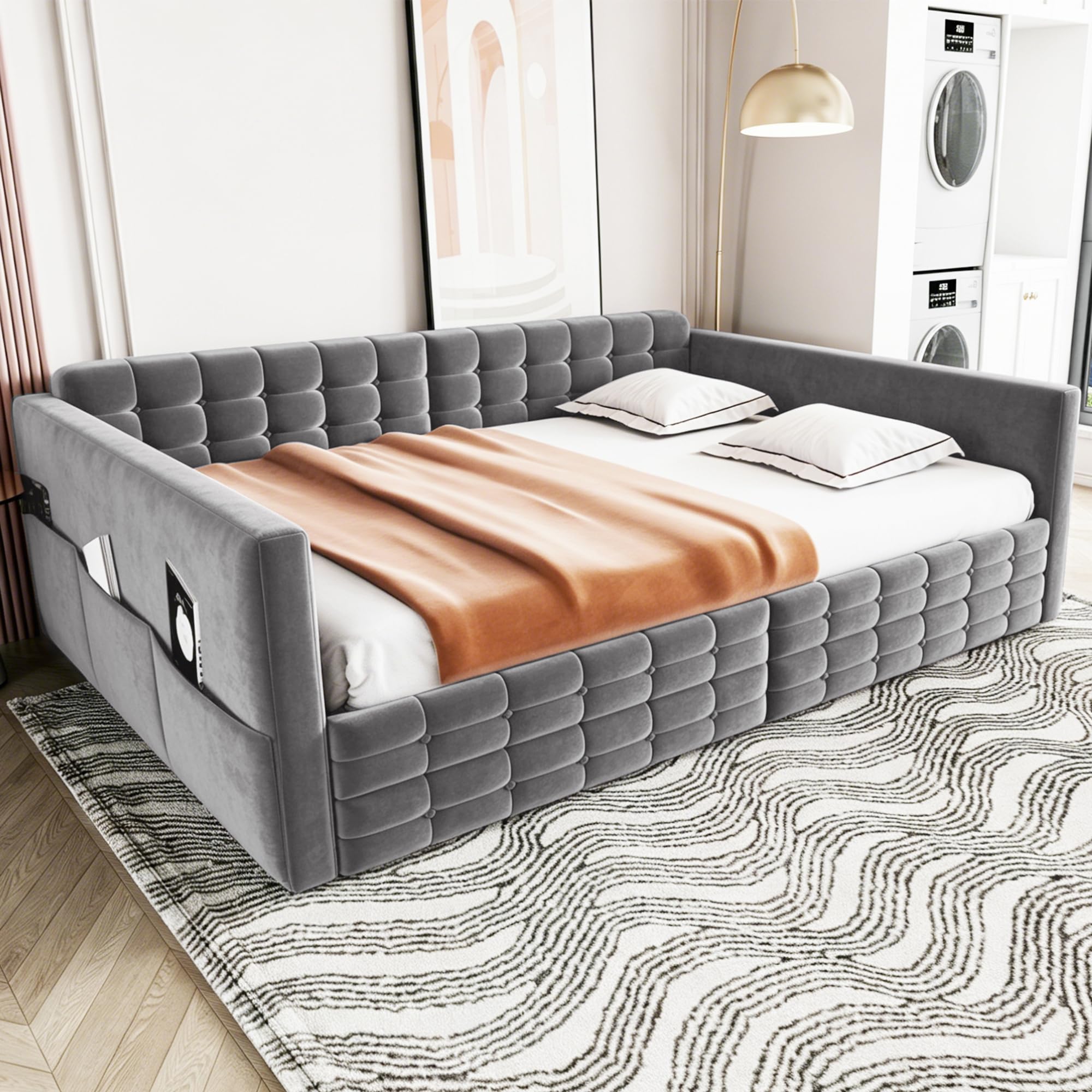 Łóżko tapicerowane, sofa z funkcją spania 140 x 190, klasyczny wzór w kratkę, schowki po bokach łóżka, dwie szuflady pod łóżkiem, dla gości lub jako pojedyncze łóżko, aksamitny materiał, szary