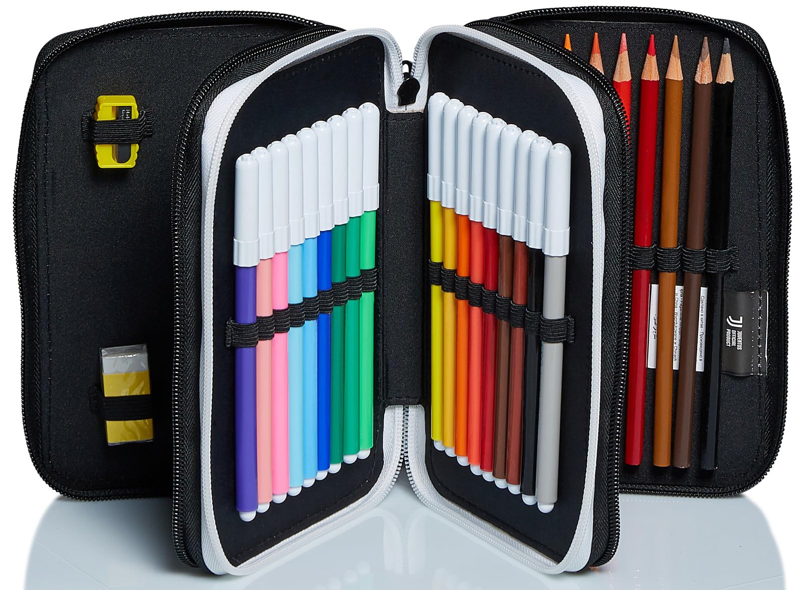 Seven Astuccio Scuola Juventus 3 Zip Bianco Nero Triplo Scomparto Matite Penne Pennarelli Accessori per Zaino Ragazzi