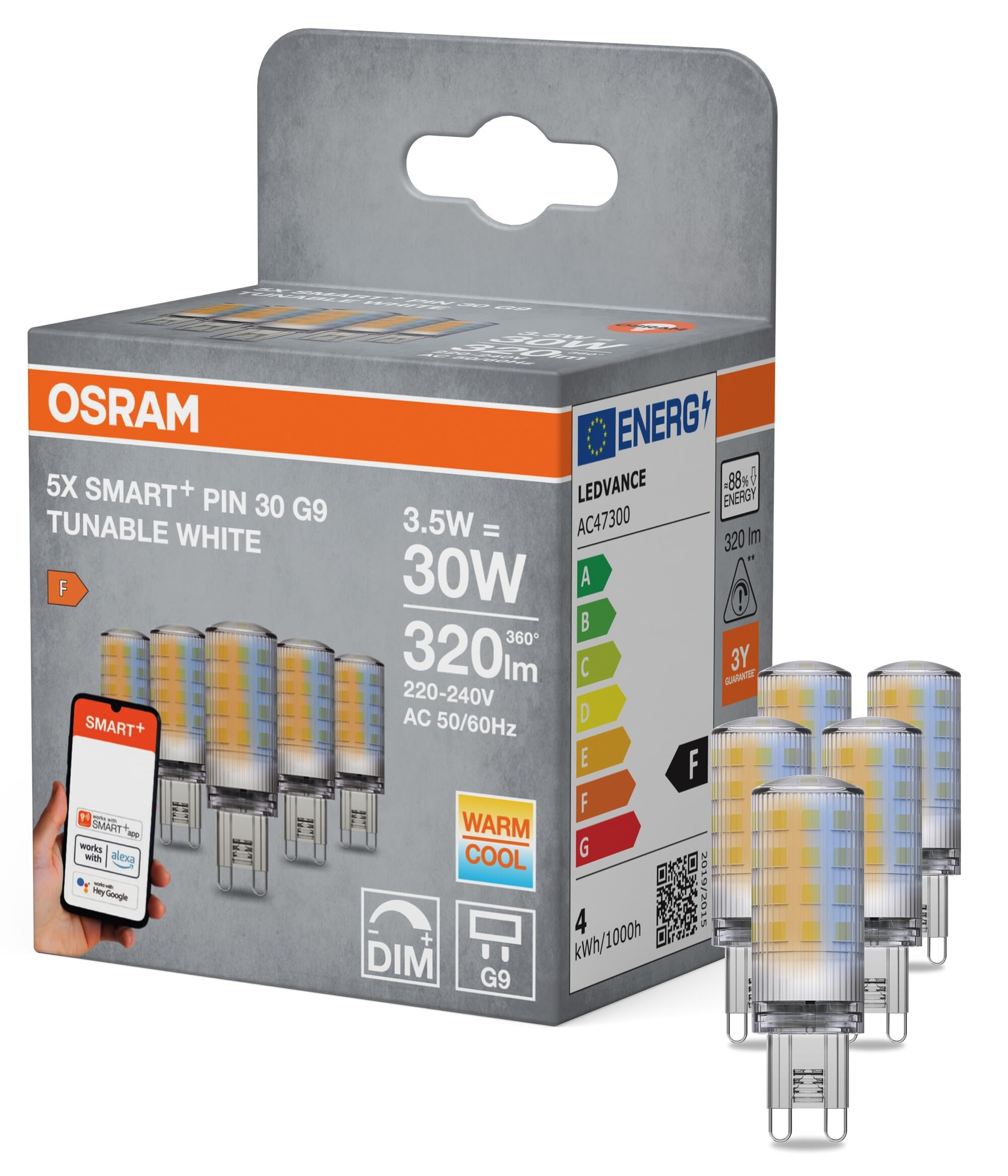 Osram Smart+ WiFi Lampe PIN G9 3,5W 827, 2700-6500K Tunable White, 320 lm, 20.000h, Alexa Google kompatibel, 5-Pack