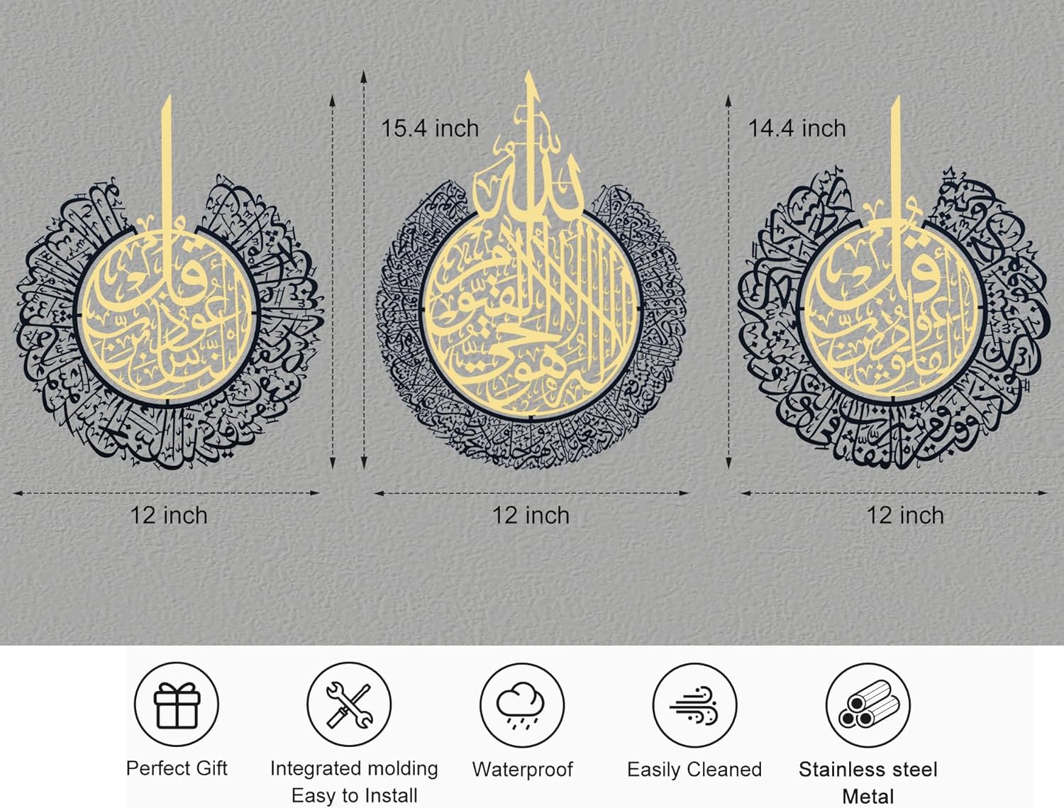 BoiCkyo Islamic Wall Art Decor Metal and Stainless steel- Handmade Arabic Calligraphy Quran Verses for Muslim Home, Living Room & Pray Room Wall Decor, Eid Ramadan Gift for Families,set of 3