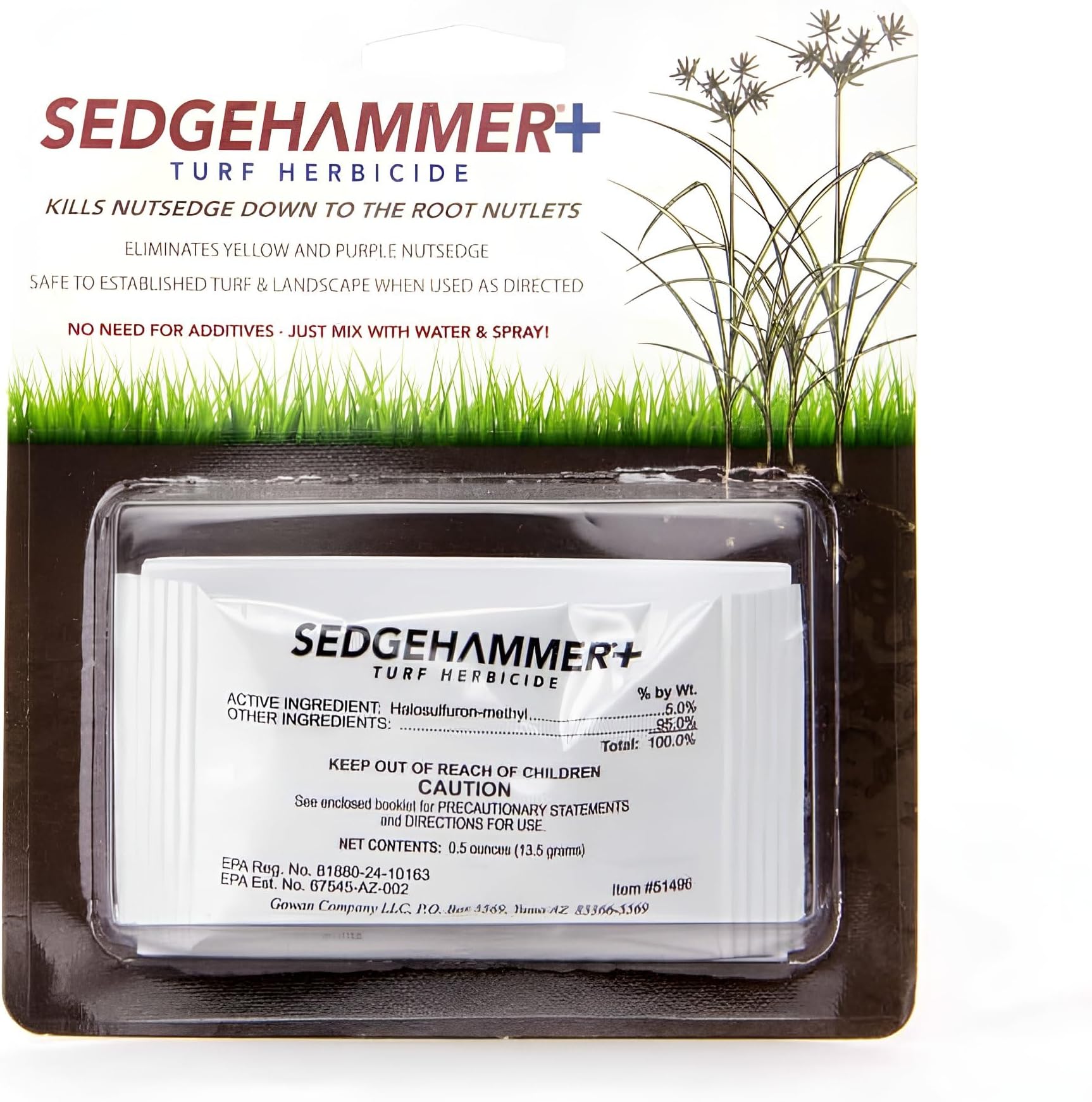 Sedgehammer Plus Turf Herbicide - 1 Pack of 13.5 Gram Pack of USA-Made Purple & Yellow Nutsedge Killer for Lawns with Pre-Mixed Surfactant - Lawn & Pet Safe Weed Killer Mix for Residential Use