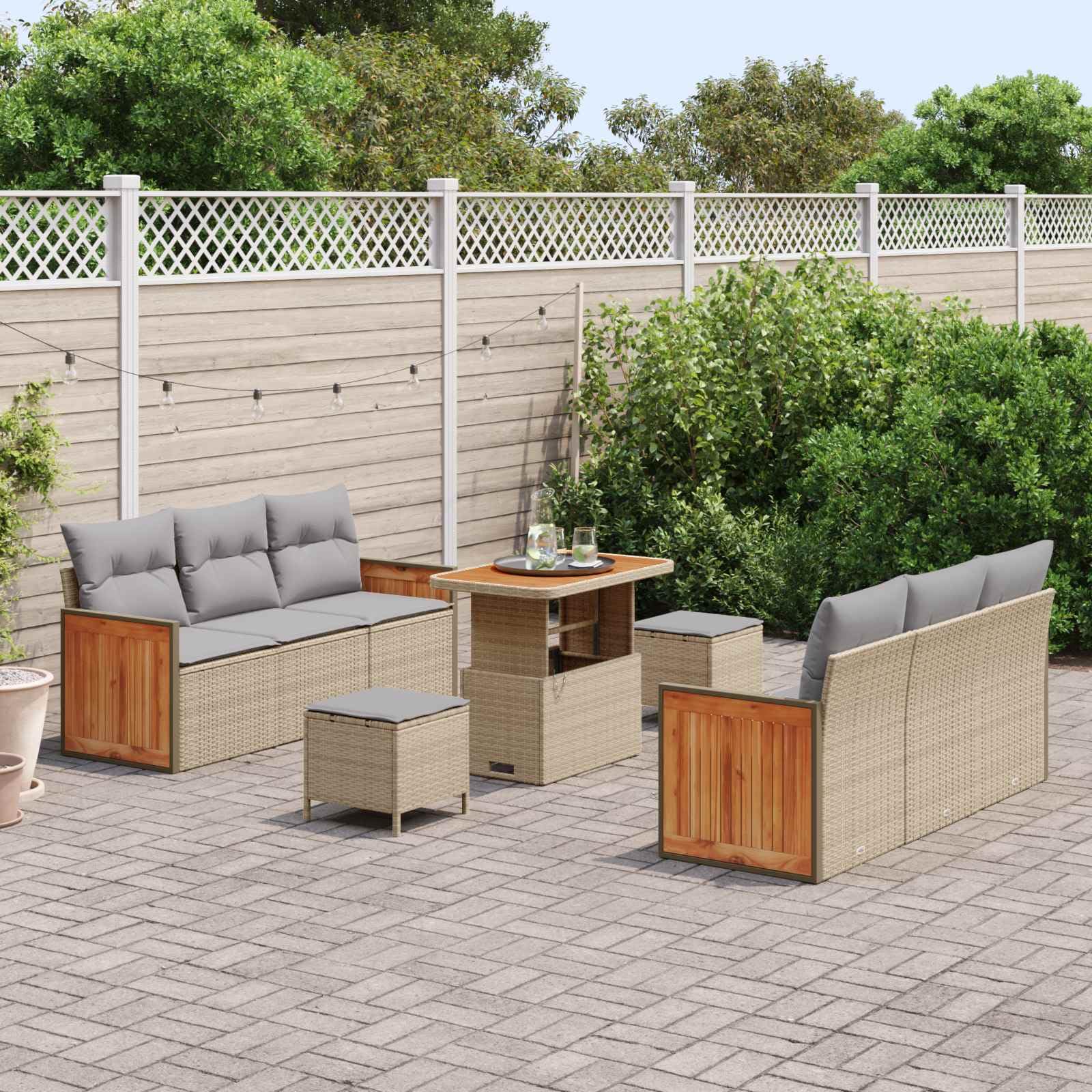 HaoChrymec Salon de Jardin 9 pièces, 8 Places, Beige et Gris Clair, 75.2kg