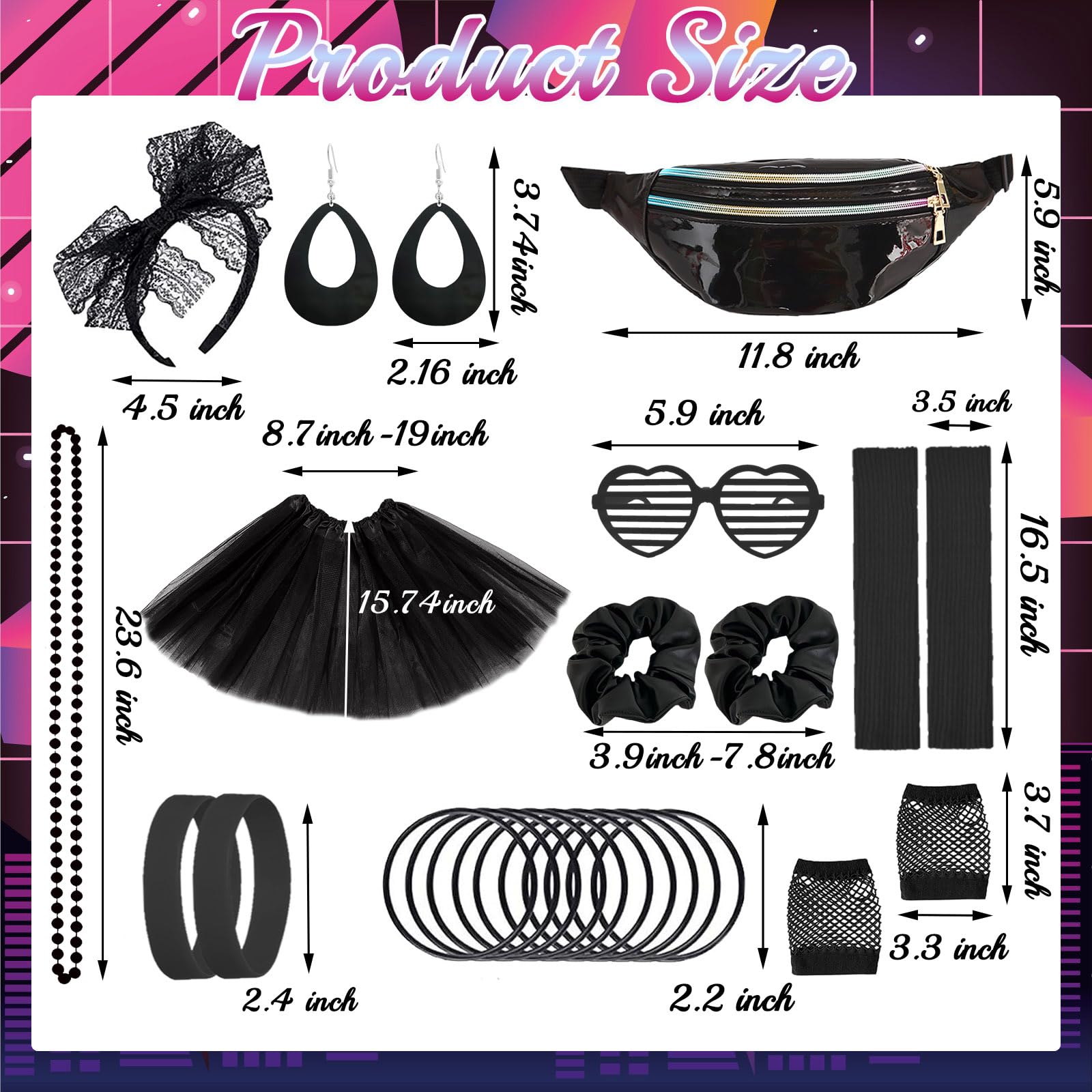 80s Costume Outfits Accessories Set for Girls, 1980s Fancy Dress Party Kits with T-shirt Tutu Bumbag Headband Earring Necklace Fishnet Gloves Leg Warmers Glasses Bracelet Scrunchies for Women Dress up - Image 2