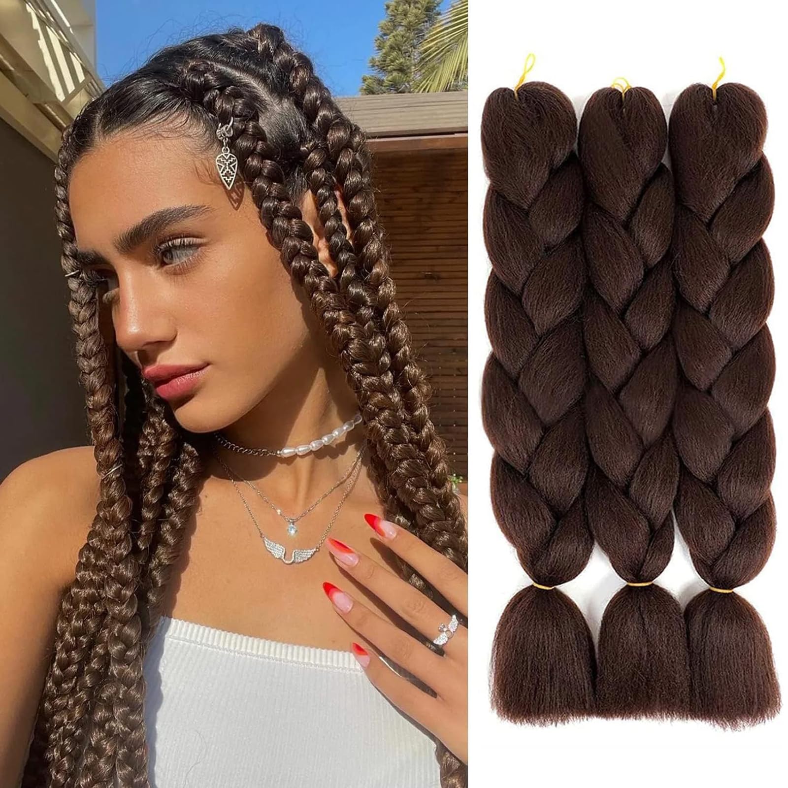 24 pulgadas Extensiones de cabello para sintético trenzado africano de cabello trenzado jumbo Kanekalon(Marrón natural-4#,3 paquetes)