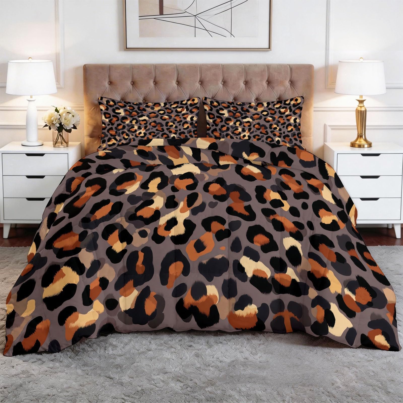 Couette réversible chaude imprimé léopard gris pour la chambre