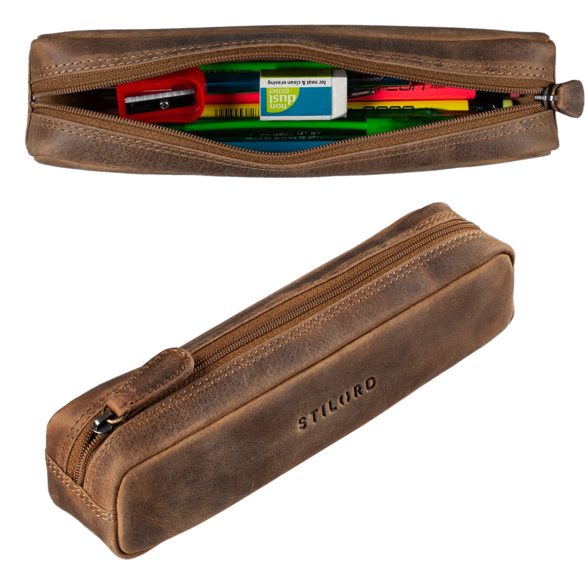STILORD Preston Bolsa para Lápices Cuero Estuche de Cuero Vintage Bolígrafos Escolar Redondo Portatodo para Hombre Mujer Cartuchera de Piel Auténtica Color:Negro