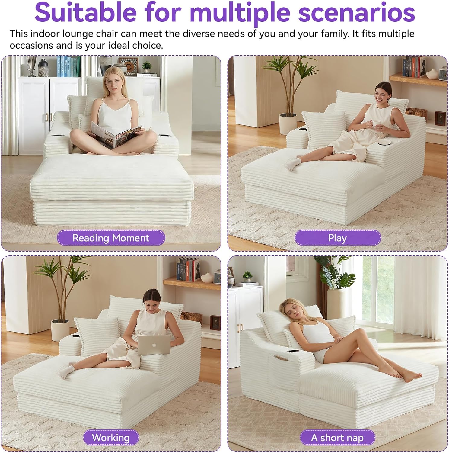 67.7" Oversized Chaise Lounge Chair with Cup Holder & Side Pocket, Deep Seat Corduroy Upholstered Lounge Sofa, Boneless Cloud Couch Bed for Living Room Bedroom Reading (White)