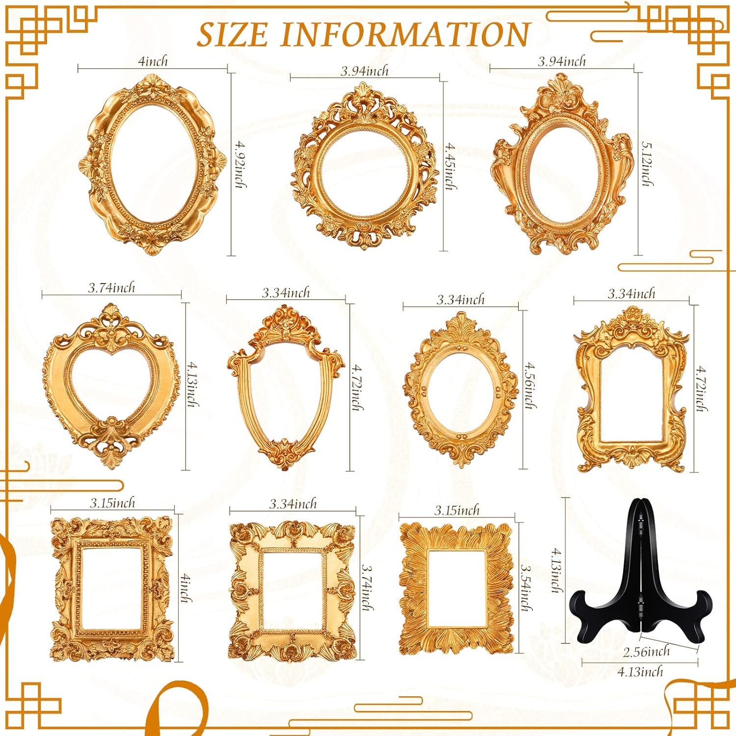Remerry 10 Pcs Vintage Picture Frame Antique Mini Frame Small Photo Display Miniature Tiny Resin Jewelry Display 4 Inch Black Plastic Stand for Home Wedding(Gold)