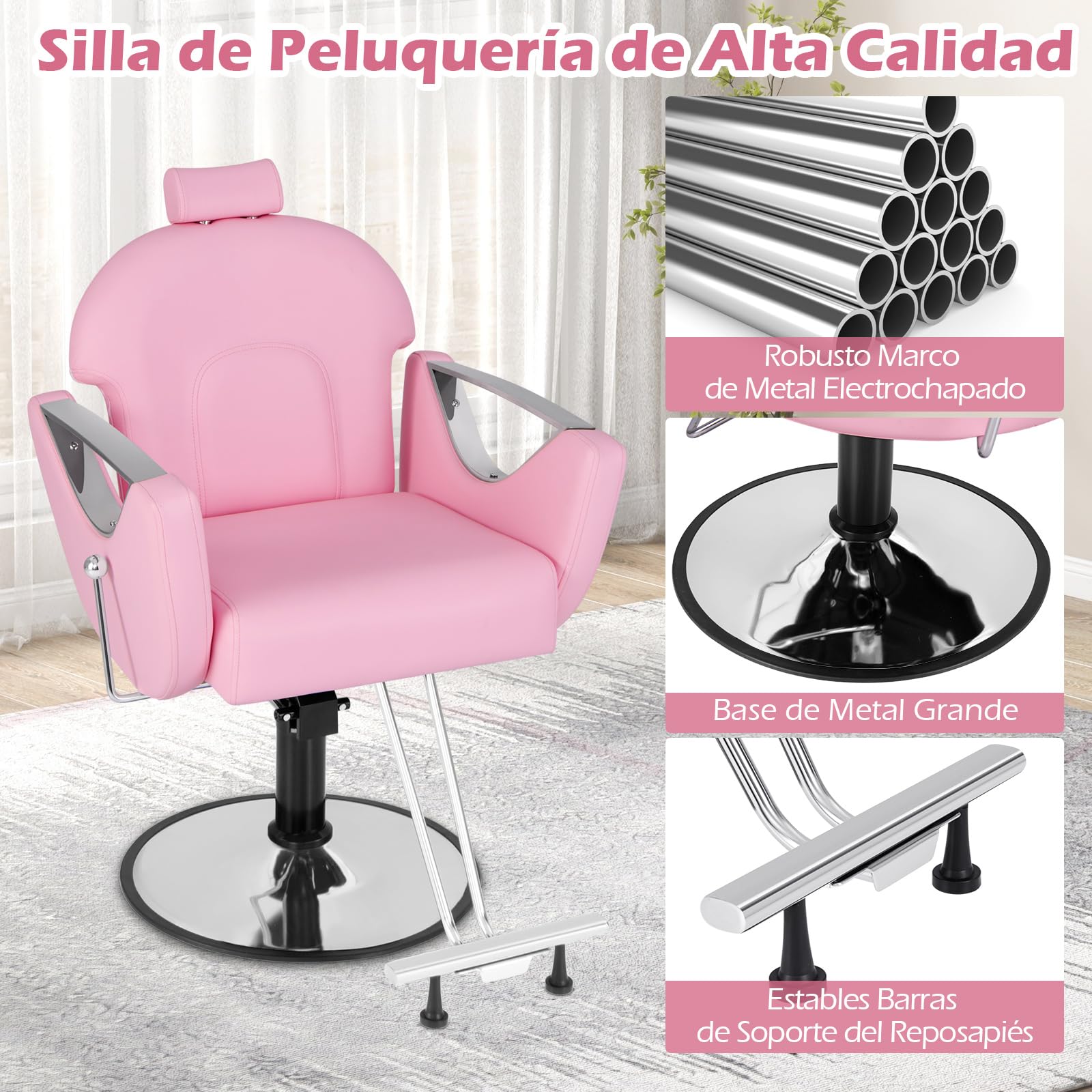 COSTWAY Silla de Peluquería Reclinable, Silla de Barbero Ajustable en Altura y 360°Giro, con Bomba Hidráulica, Esponja Densa y Base Metálica Estable, Ideal para Peluquería, Tatuajes y SPA (Rosa)