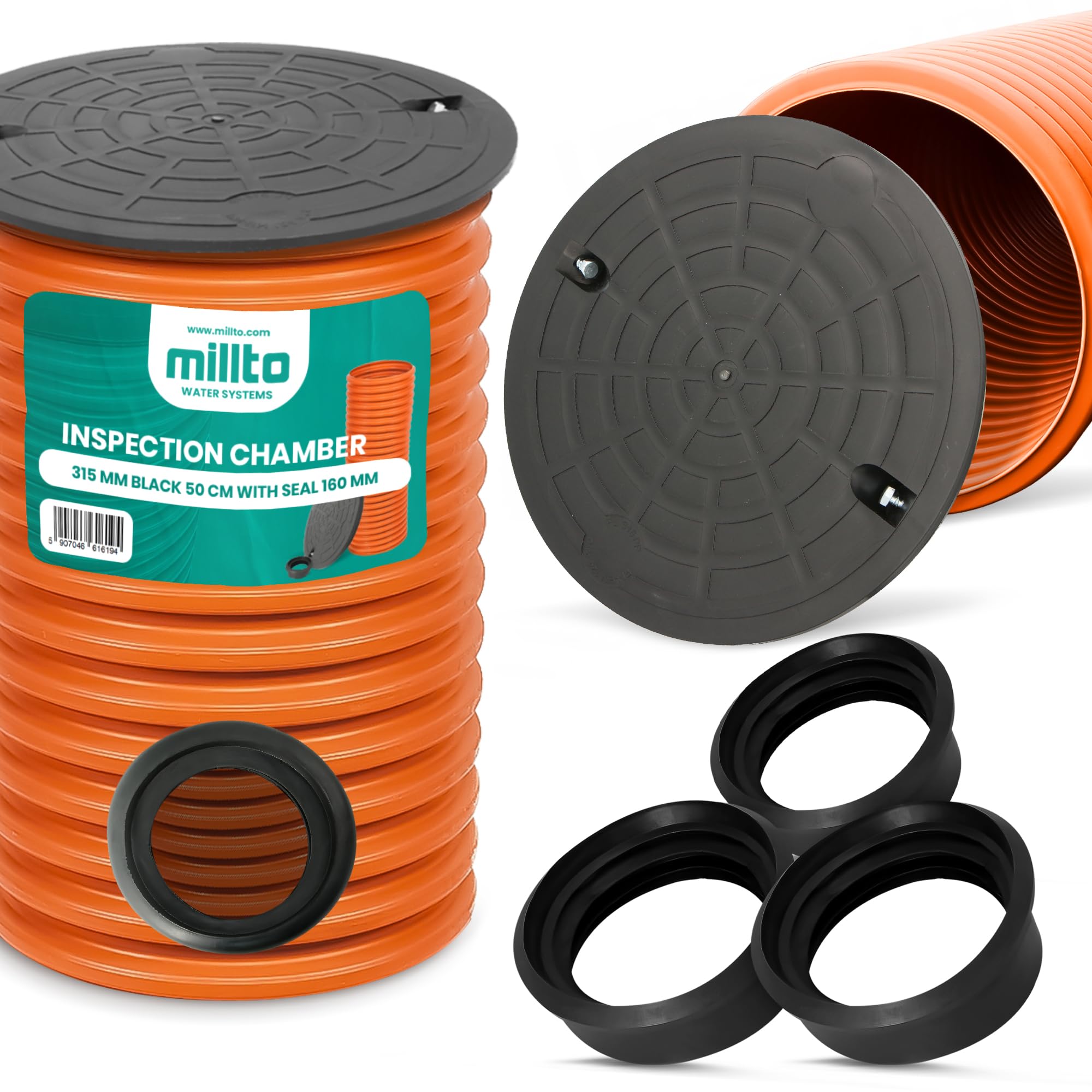 Tubo Ascendente Pozo Inspección 50 cm DN315 Negro Tapa 3x Junta 160 mm Mantenimiento Alcantarillado Resistente Compacto Duradero Fácil Limpieza Presión Subterráneo