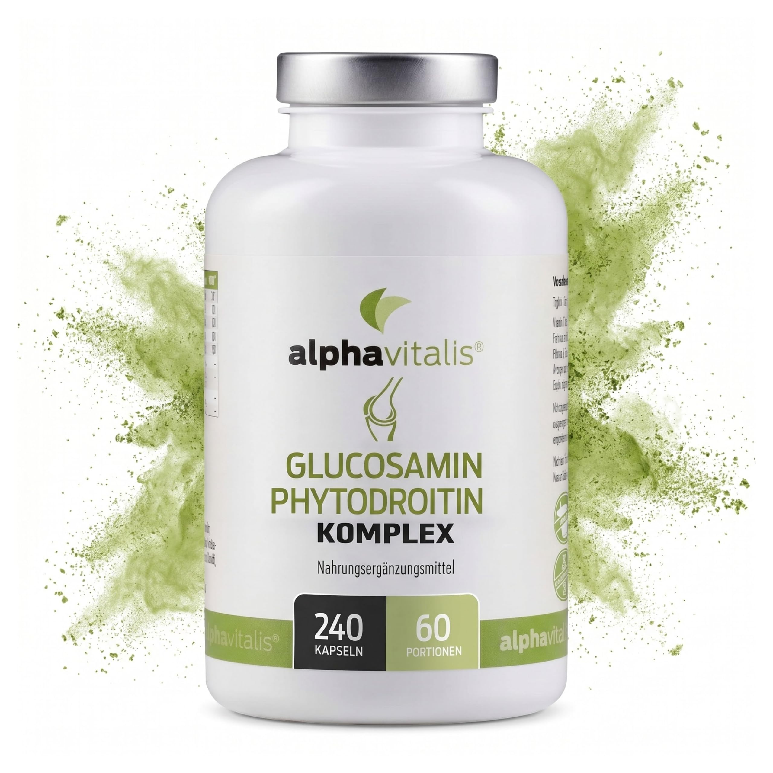 Glucosamin Kapseln + Phytodroitin® - 240 Stück - 1800mg veganer Komplex mit MSM, Hyaluronsäure, Vitamin C, D, Zink, Kupfer und Mangan ohne Magnesiumstearat
