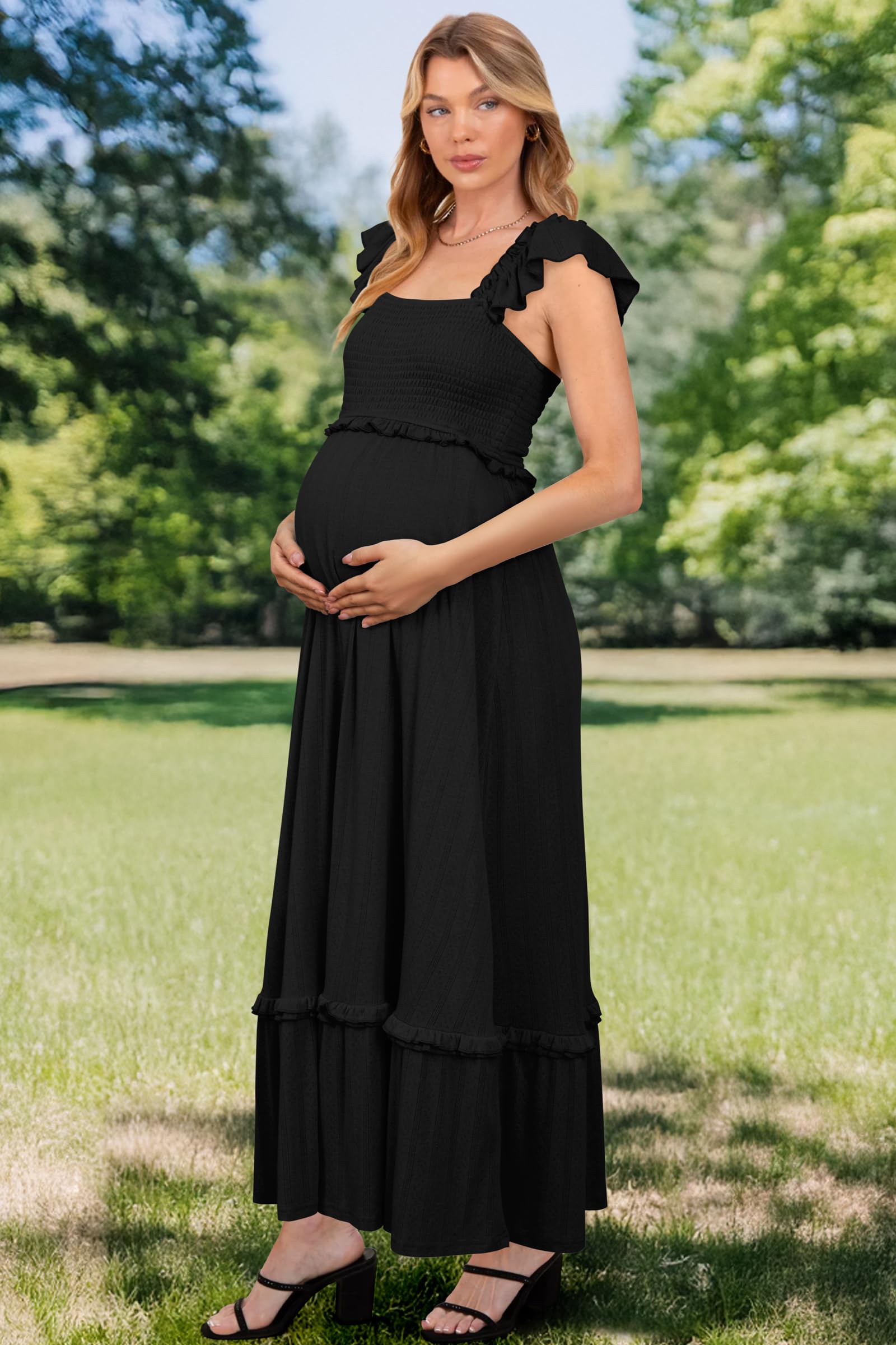 OUGES Donna Estate maternità Photoshoot Dress Boho Maxi Smocked Baby Shower Dress