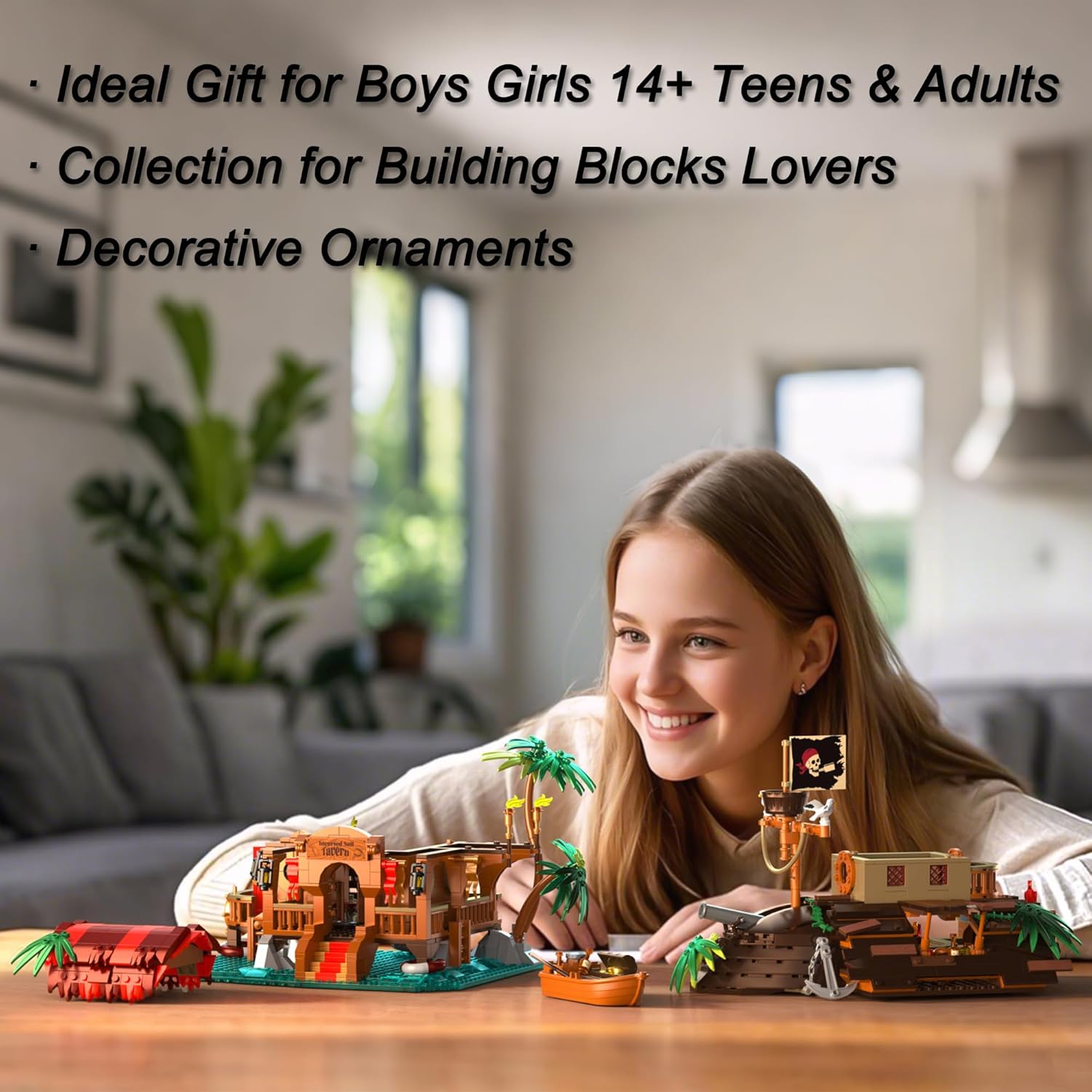 Pirate Ship Building Set with LED Lights, Medieval Pirate's House Buildings Blocks Toy, Architecture Model Kit for Girls Boys Teens Ages 14+ Adult Birthday Gifts, 1312PCS