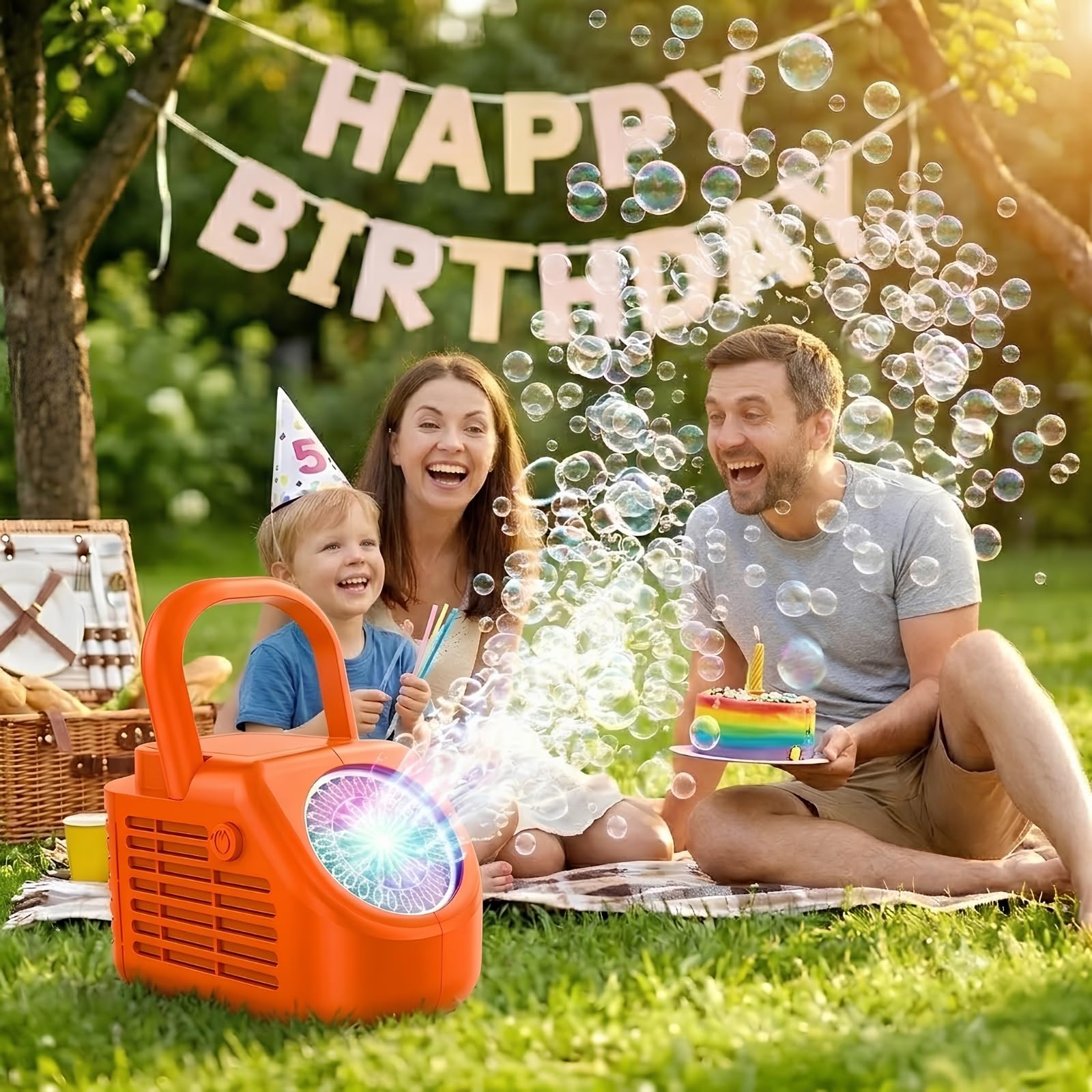 Máquina de Burbujas de Escenario Portátil de 42 Orificios, Soplador Automático Recargable por USB con Luces LED, para Niños, Cumpleaños, Fiestas, Jardín, Exterior y Celebraciones (Naranja)