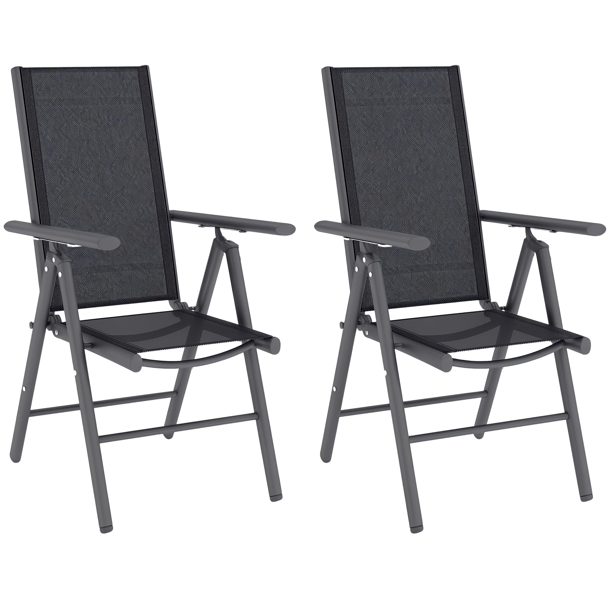 Outsunny Set of 2 Folding Garden Chairs, Aluminium Frame, Dark Grey | Outdoor Dining Chairs, Breathable Mesh Back and Seat, with Armrests, for Balcony