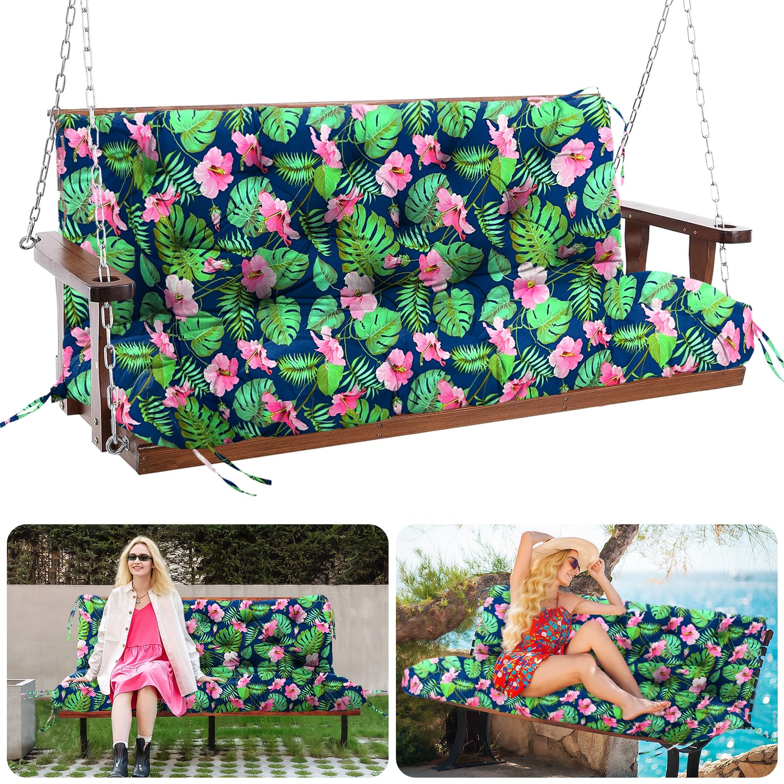 MQGHJ Garden Swing Cushions 12cm Thick Outdoor Swing Cushions 2 Seater 100cm Swing Seat Cushions Waterproof Garden Bench Cushions for Patio Porch Indoor(Blue Leaves-100x100cm)